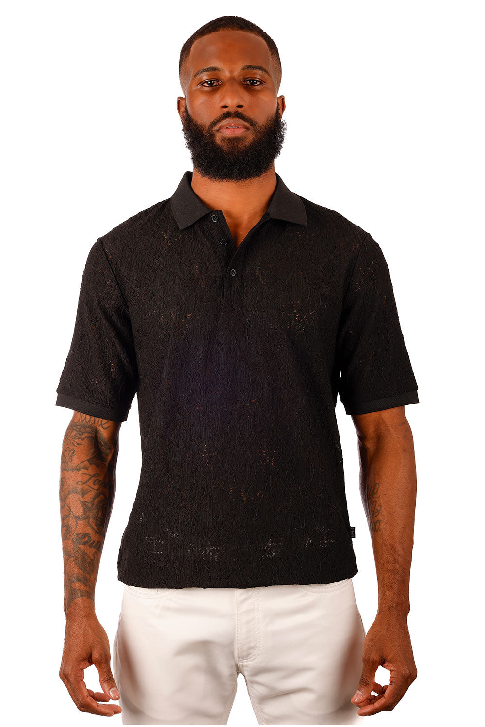 Barabas Men's French Crochet Floral Short Sleeve Polo Shirts 3P13 Black