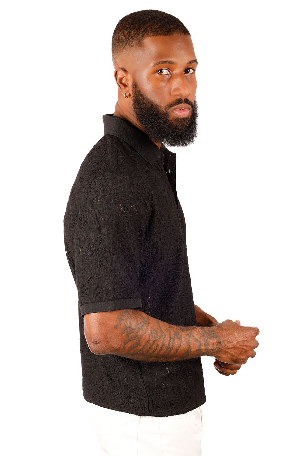 Barabas Men's French Crochet Floral Short Sleeve Polo Shirts 3P13 Black