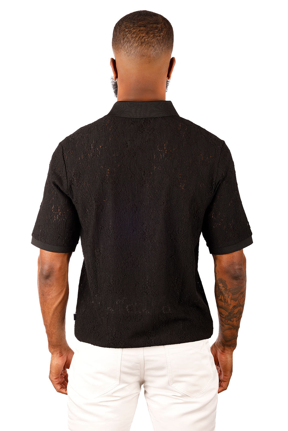 Barabas Men's French Crochet Floral Short Sleeve Polo Shirts 3P13 Black