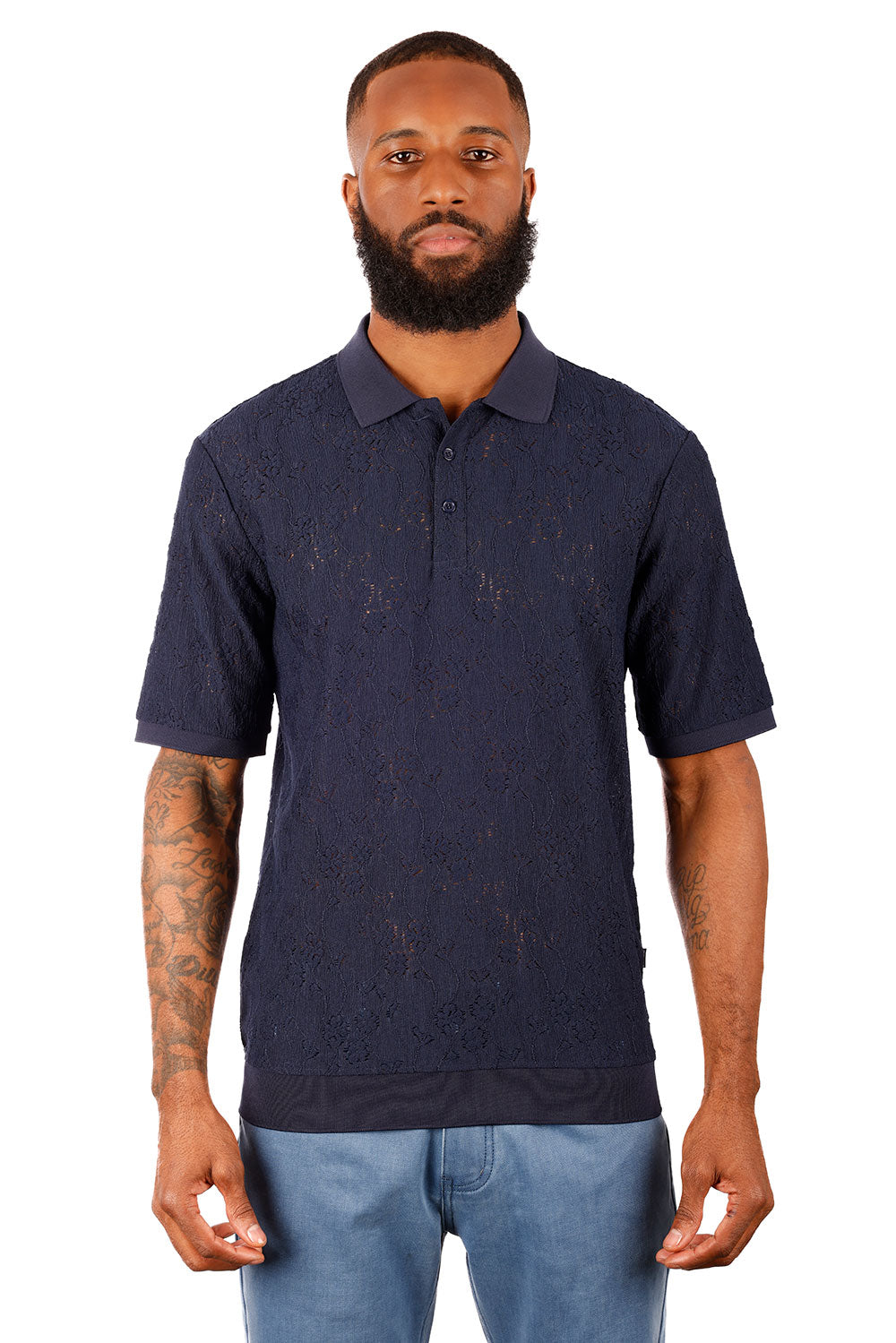 Barabas Men's French Crochet Floral Short Sleeve Polo Shirts 3P13 Navy