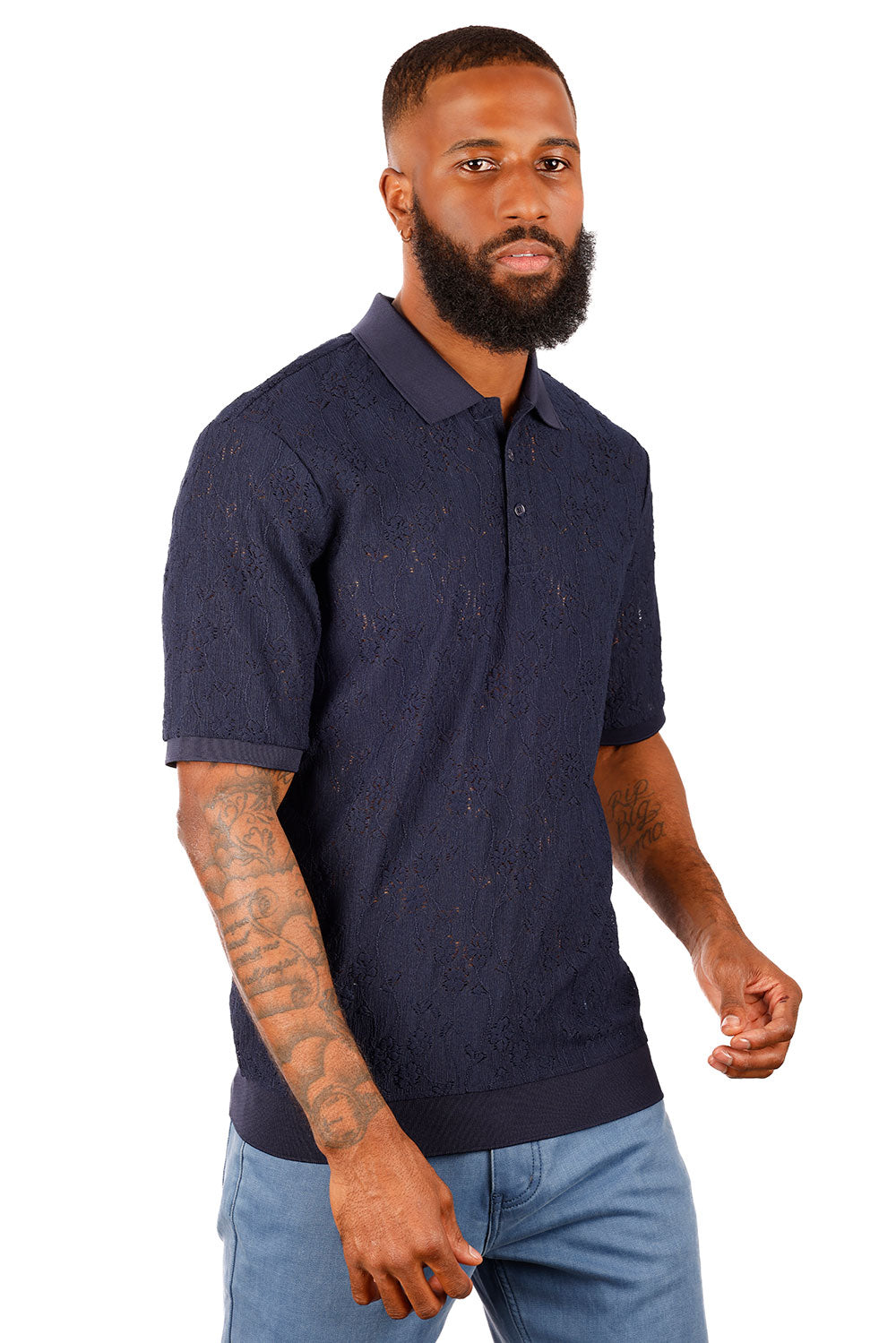 Barabas Men's French Crochet Floral Short Sleeve Polo Shirts 3P13 Navy