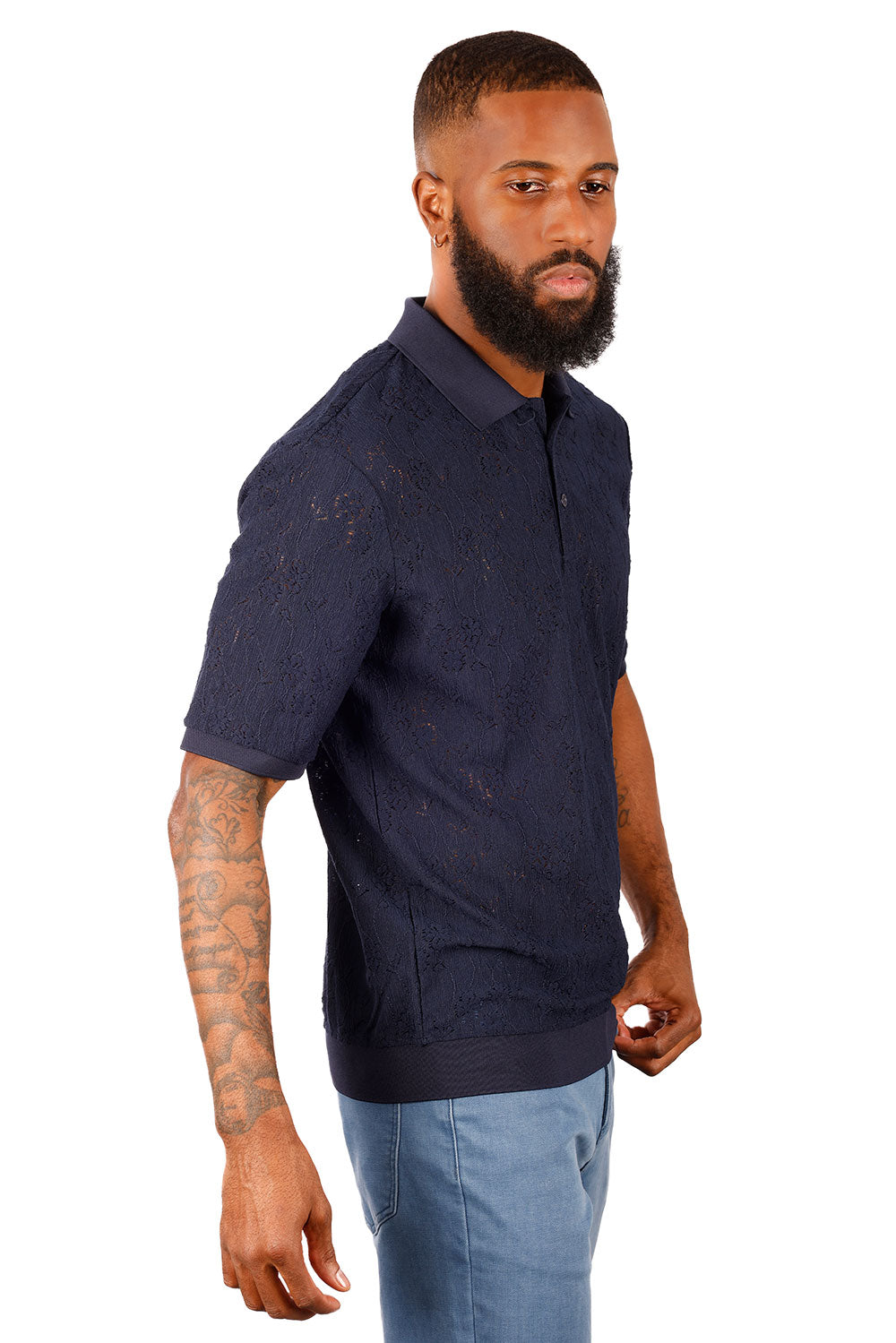 Barabas Men's French Crochet Floral Short Sleeve Polo Shirts 3P13 Navy