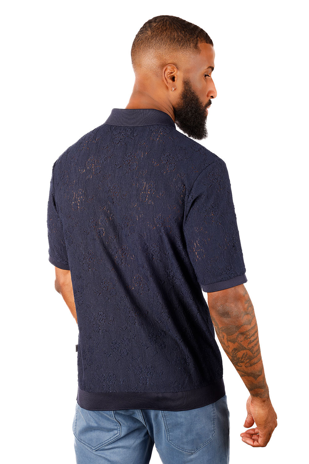 Barabas Men's French Crochet Floral Short Sleeve Polo Shirts 3P13 Navy