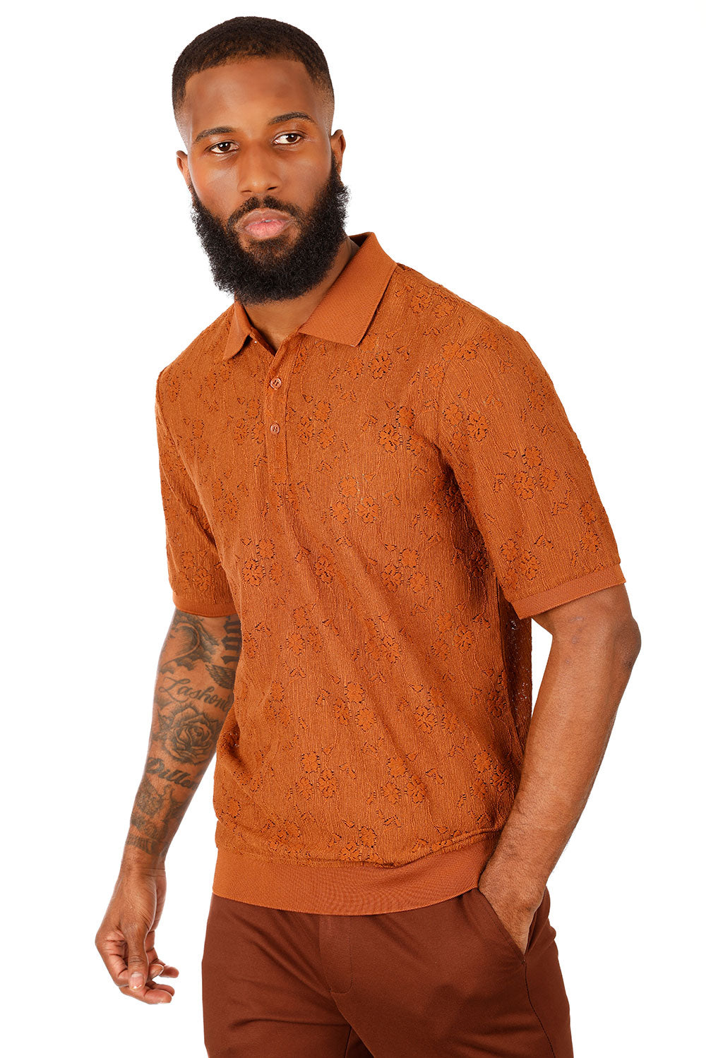 Barabas Men's French Crochet Floral Short Sleeve Polo Shirts 3P13 Orang