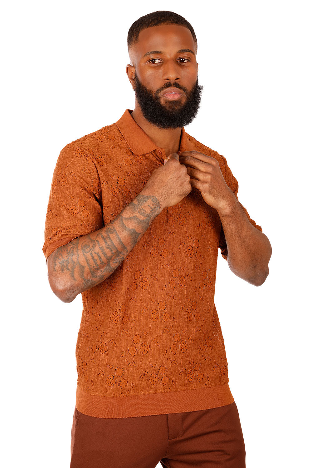 Barabas Men's French Crochet Floral Short Sleeve Polo Shirts 3P13 Nutshell