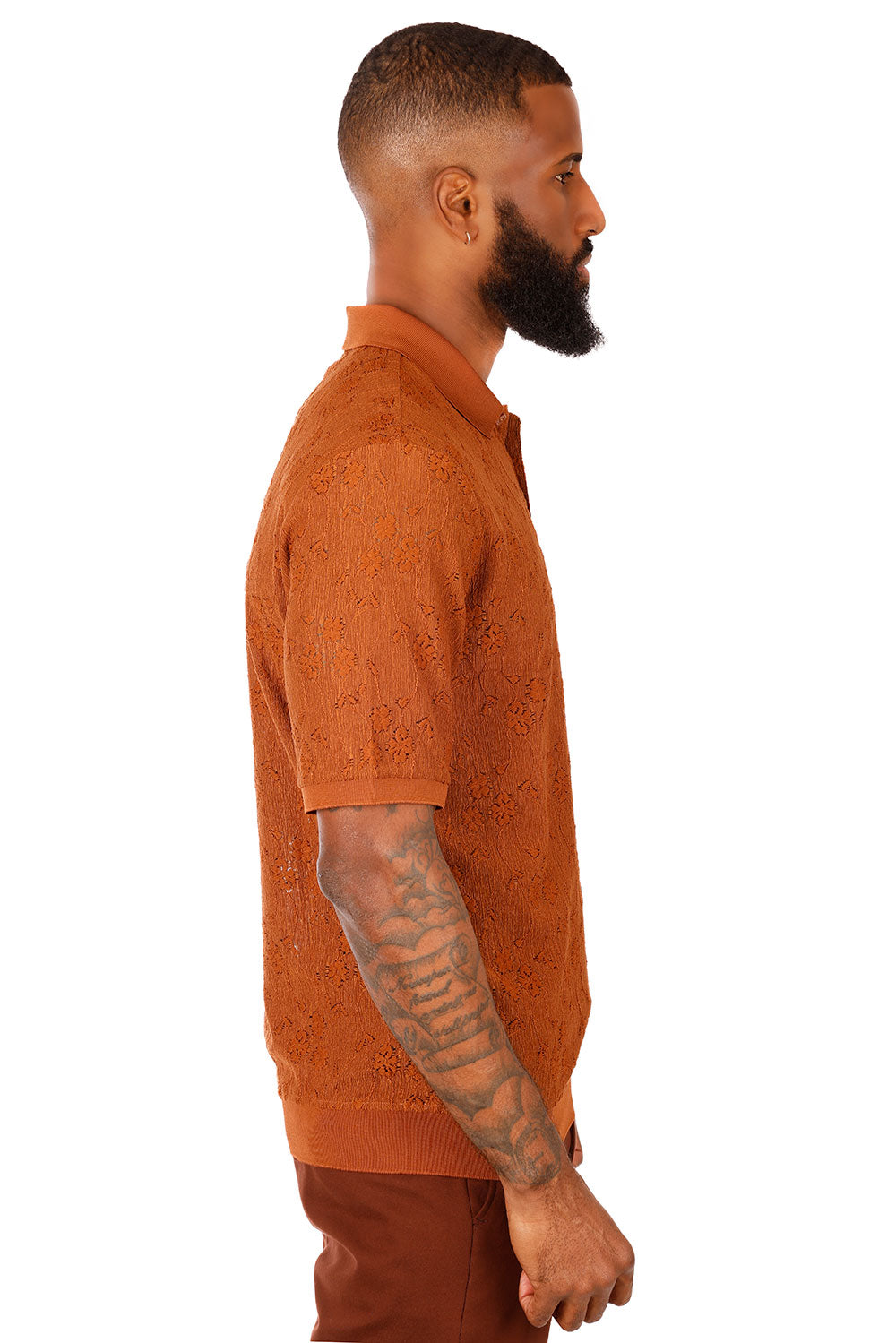 Barabas Men's French Crochet Floral Short Sleeve Polo Shirts 3P13 brown
