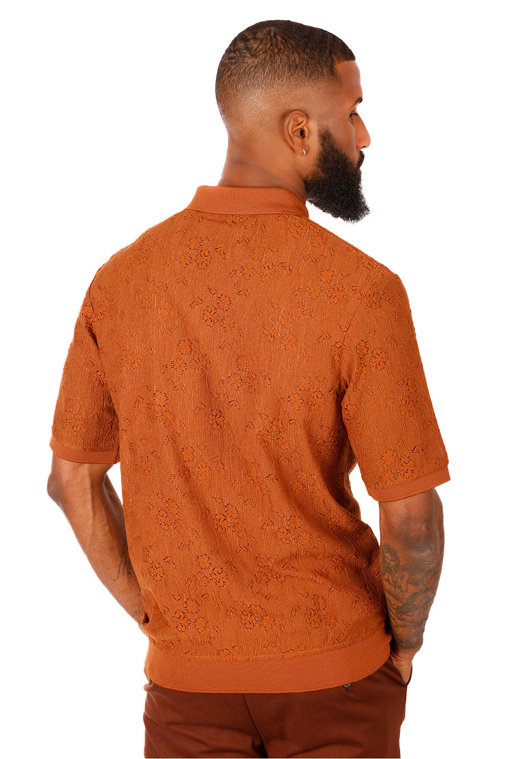 Barabas Men's French Crochet Floral Short Sleeve Polo Shirts 3P13 Orange