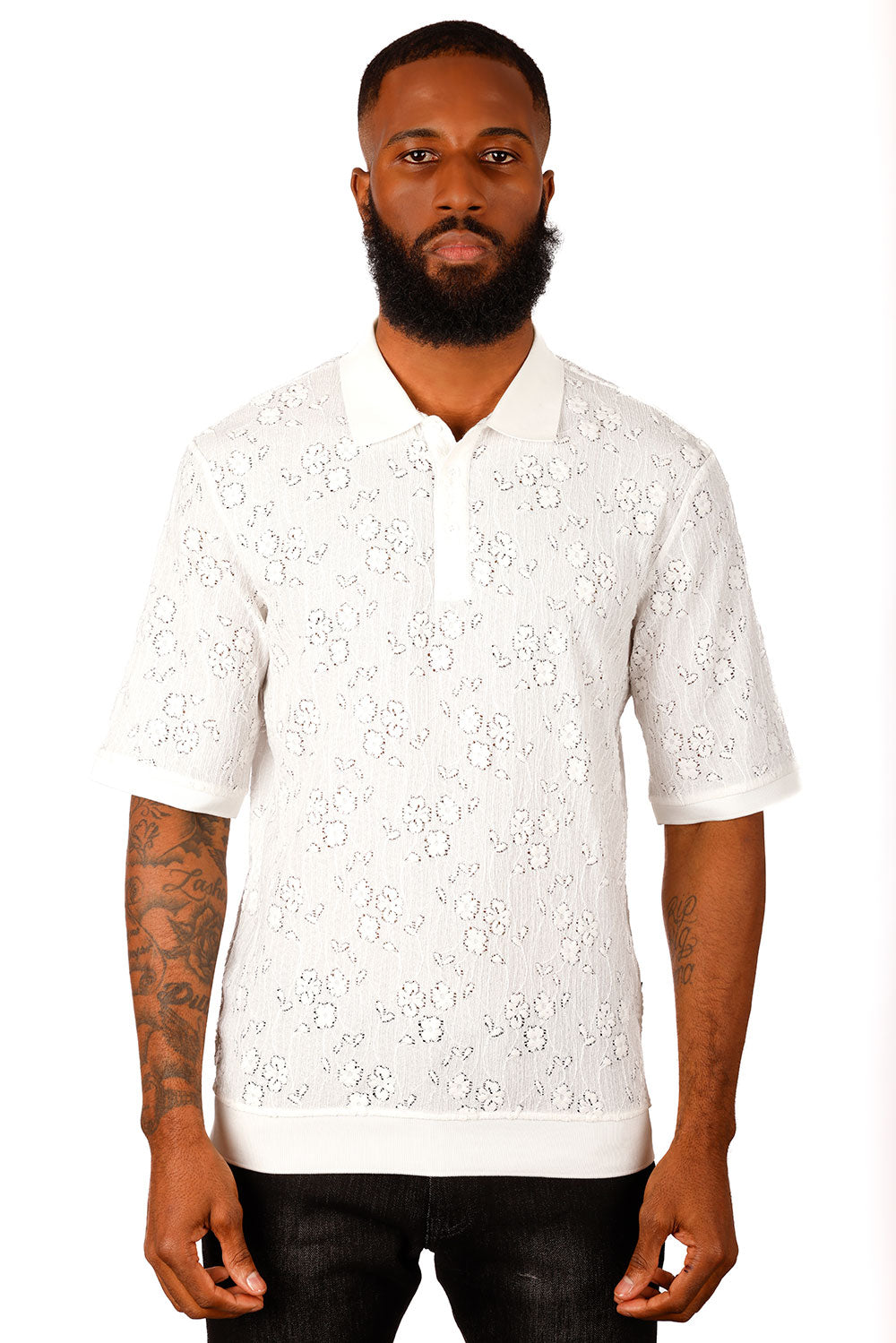 Barabas Men's French Crochet Floral Short Sleeve Polo Shirts 3P13 Off white