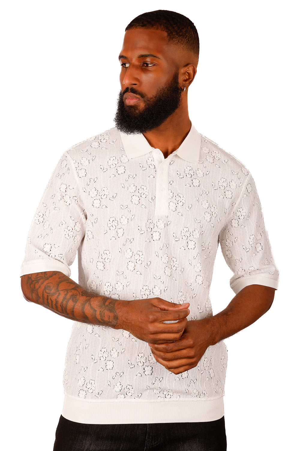 Barabas Men's French Crochet Floral Short Sleeve Polo Shirts 3P13 White