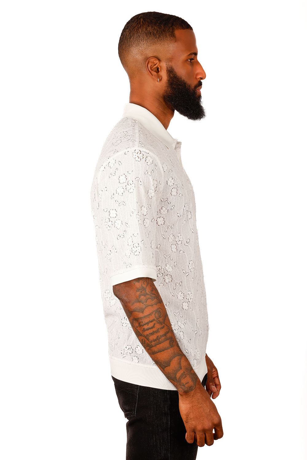 Barabas Men's French Crochet Floral Short Sleeve Polo Shirts 3P13 White