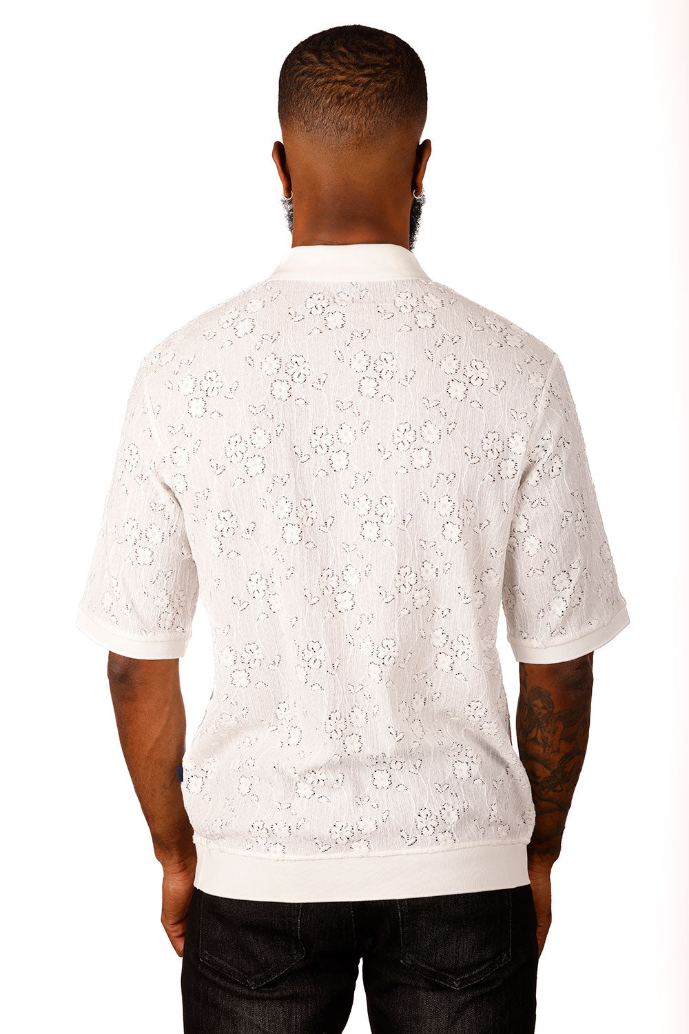 Barabas Men's French Crochet Floral Short Sleeve Polo Shirts 3P13 White