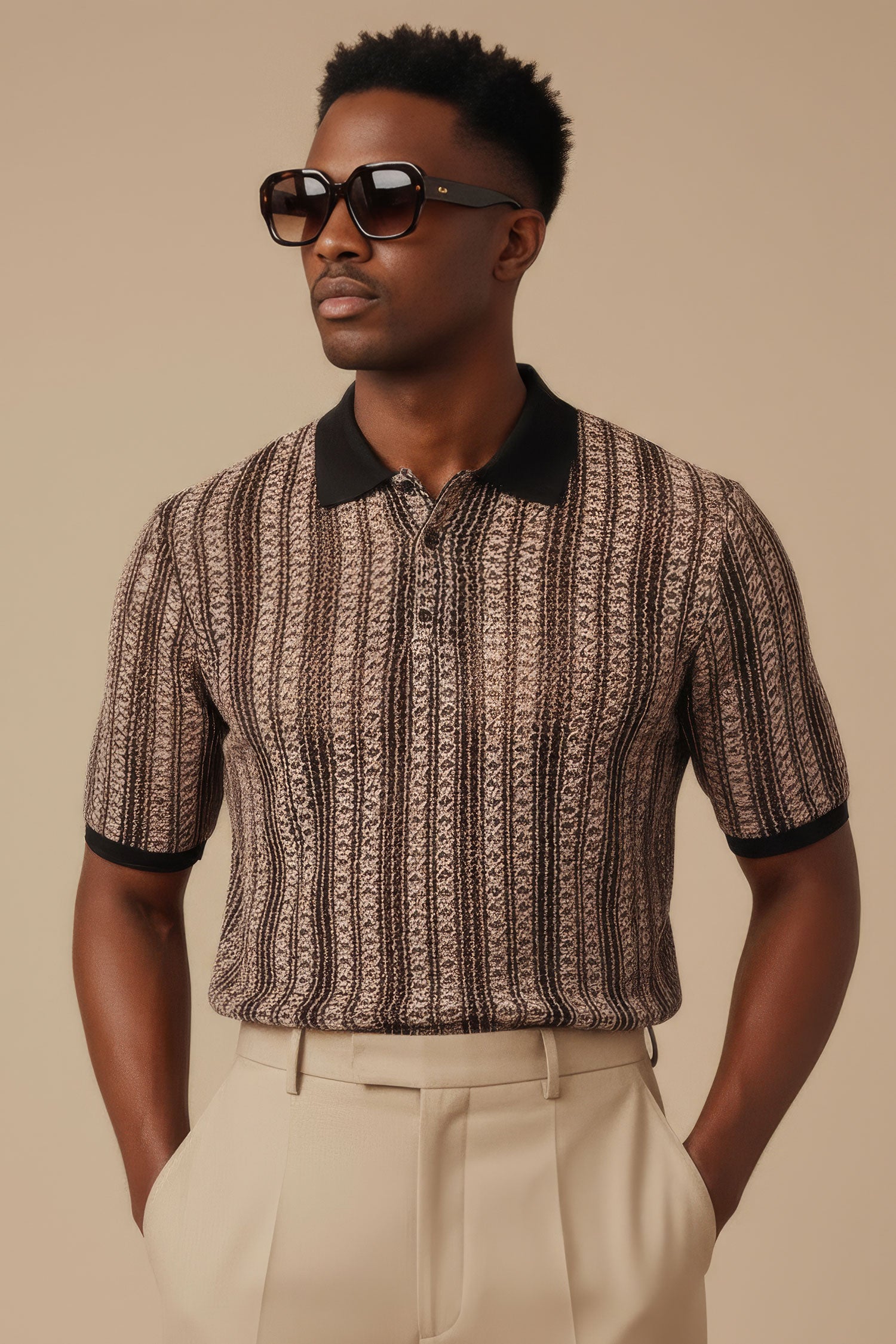 Barabas Men's Crochet Geometric Stripped See Through Polo Shirts 3P15 Black Toupe
