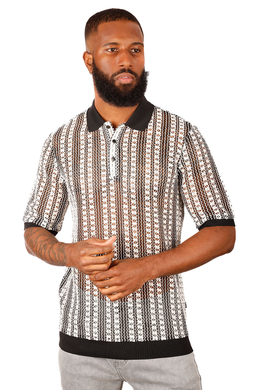 Barabas Men's Crochet Geometric Stripped See Through Polo Shirts 3P15 Black White