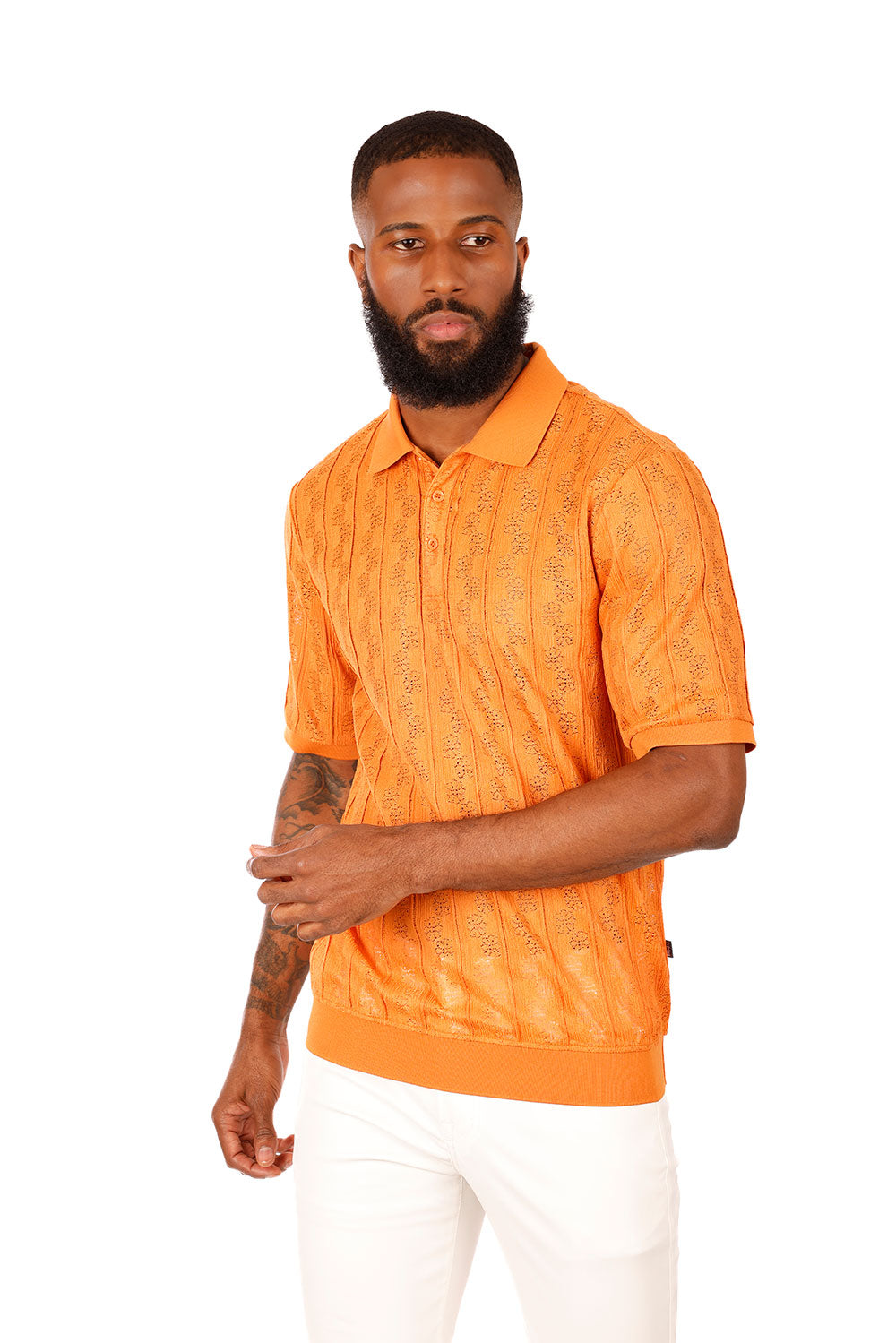 Barabas Men's French Crochet Floral Short Sleeve Polo Shirts 3P18 Orange