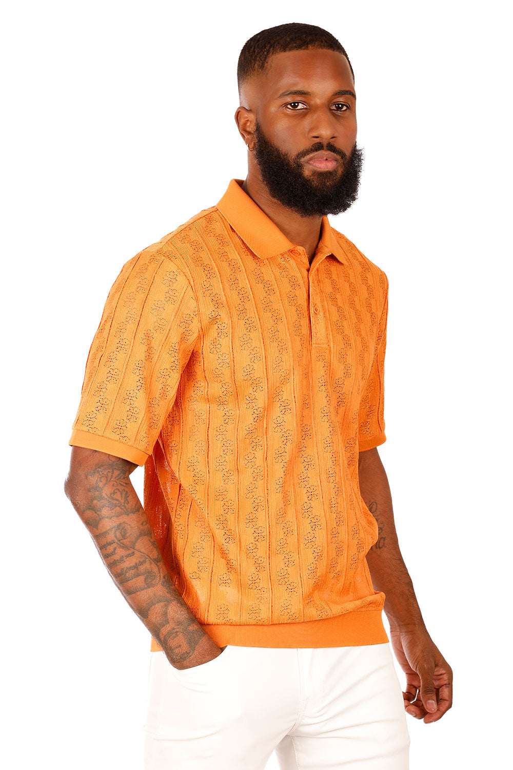 Barabas Men's French Crochet Floral Short Sleeve Polo Shirts 3P18 Orange