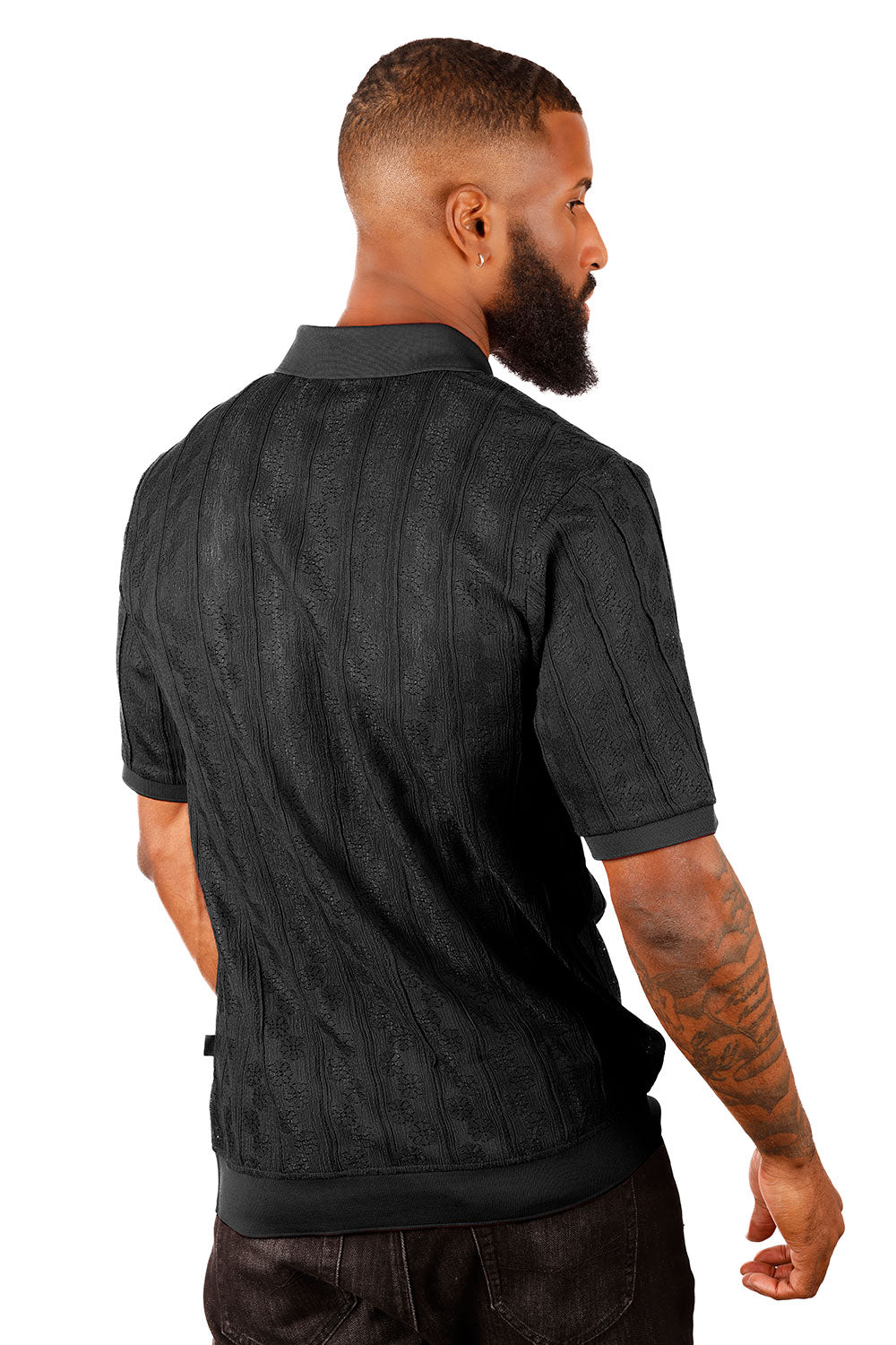 Barabas Men's French Crochet Floral Short Sleeve Polo Shirts 3P18 Black