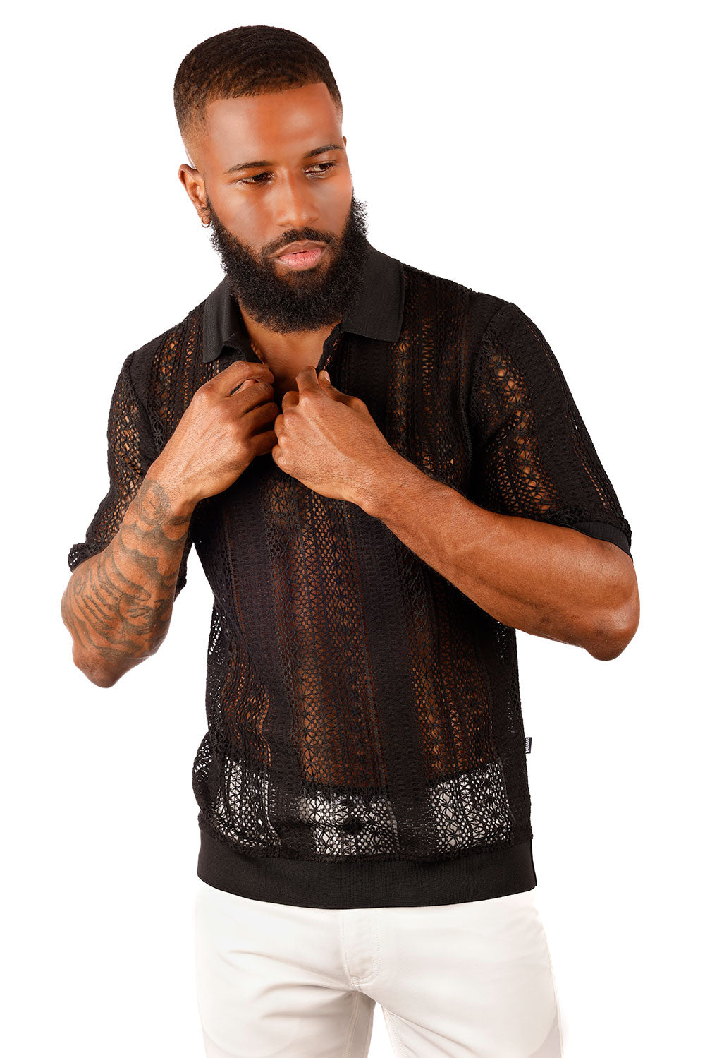 Barabas Men's Voven Crochet Geometric Stripped Polo Shirts 3P20 Black
