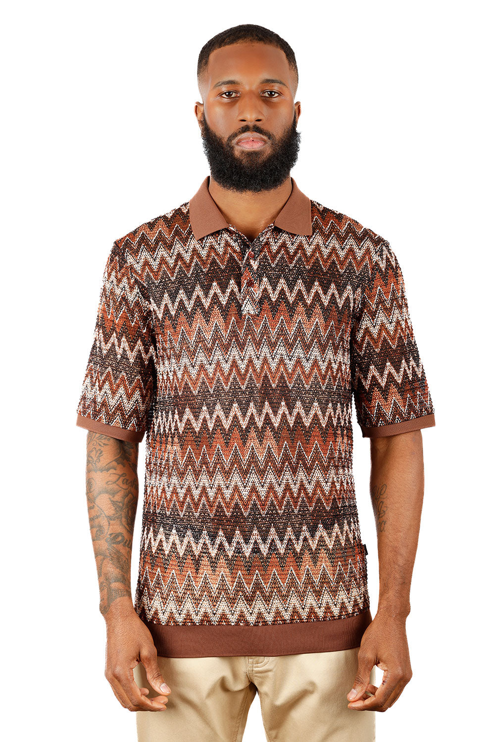Barabas Men's Woven Crochet Zig Zag See Through Polo Shirts 3P21 Coffee Brown
