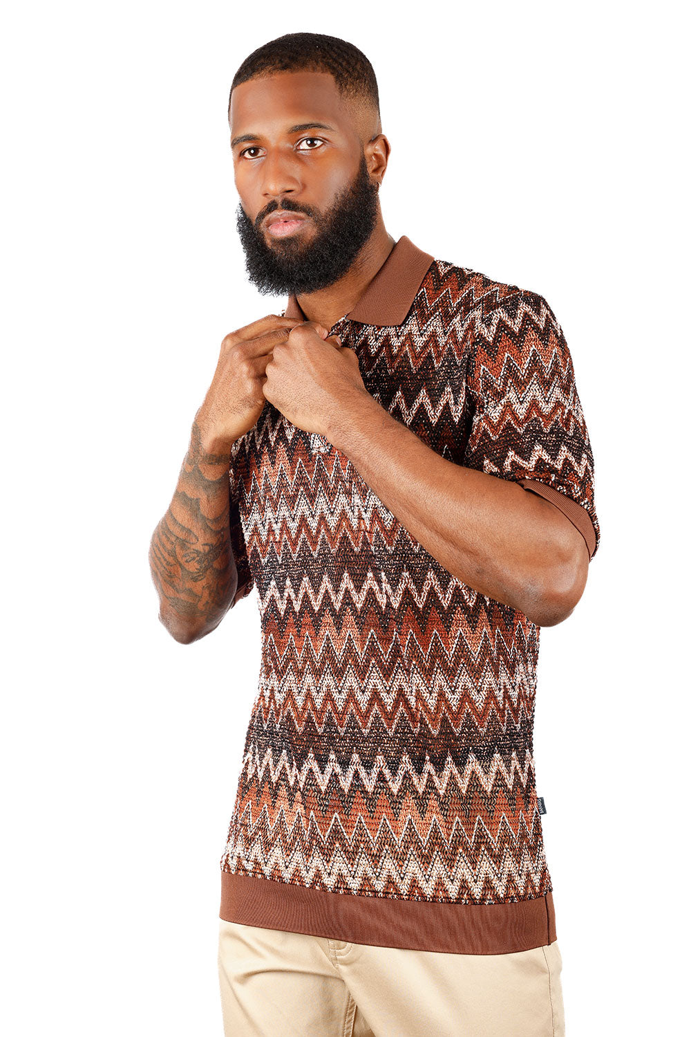 Barabas Men's Woven Crochet Zig Zag See Through Polo Shirts 3P21 Coffee Brown