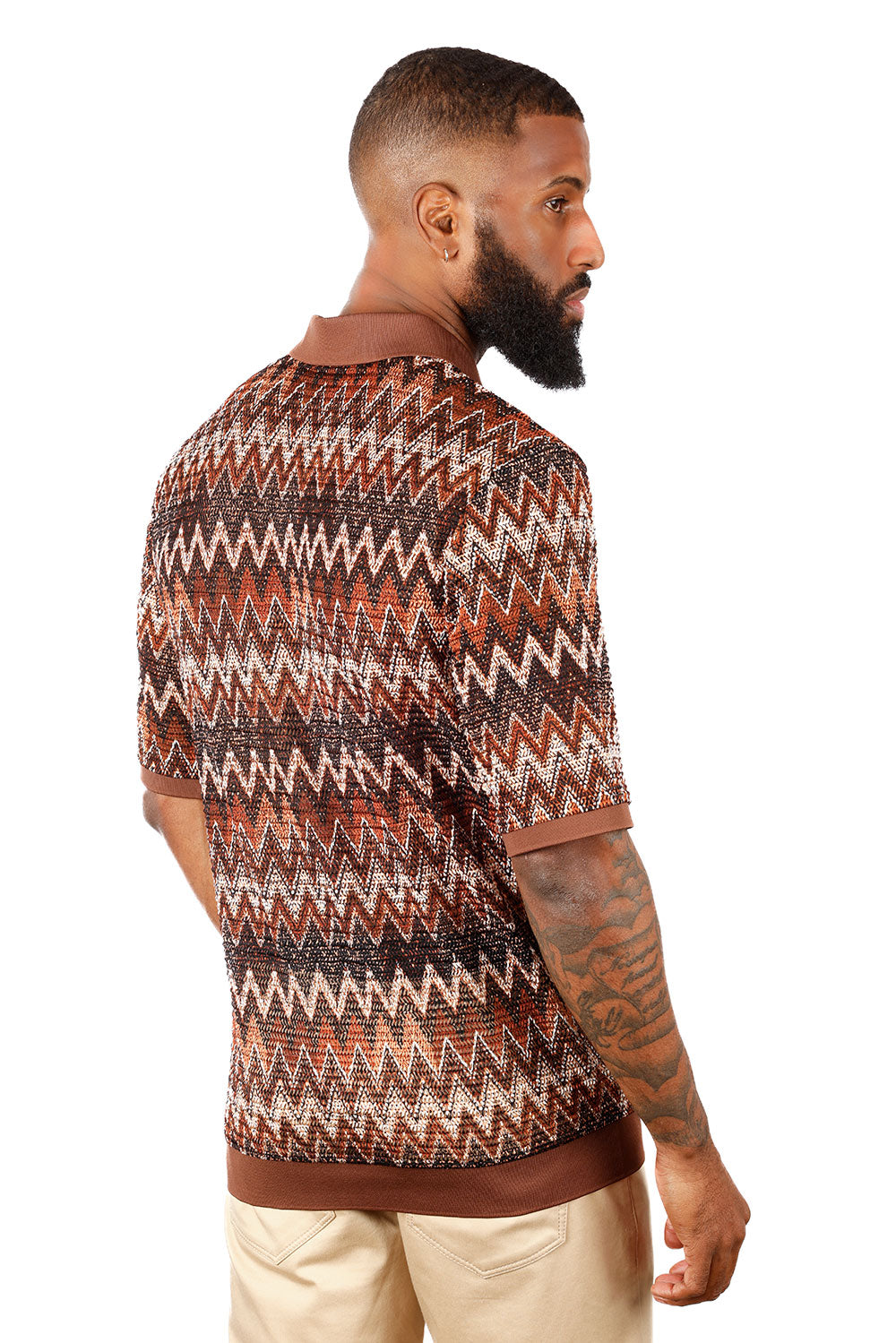 Barabas Men's Woven Crochet Zig Zag See Through Polo Shirts 3P21 Coffee Brown