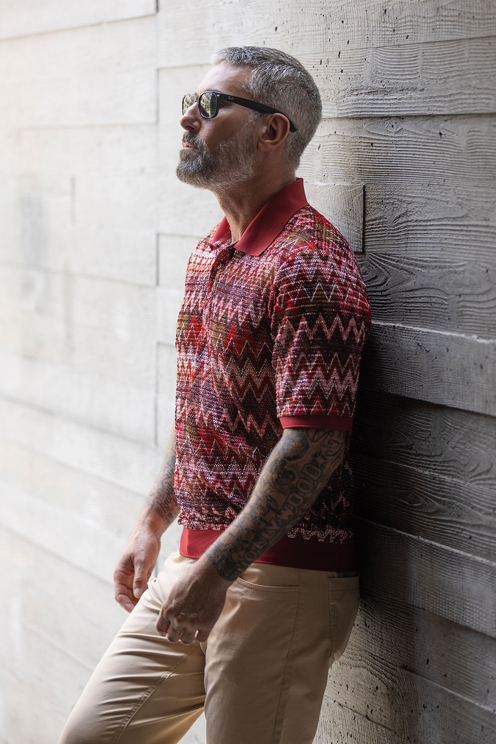 Barabas Men's Woven Crochet Zig Zag See Through Polo Shirts 3P21 Coffee