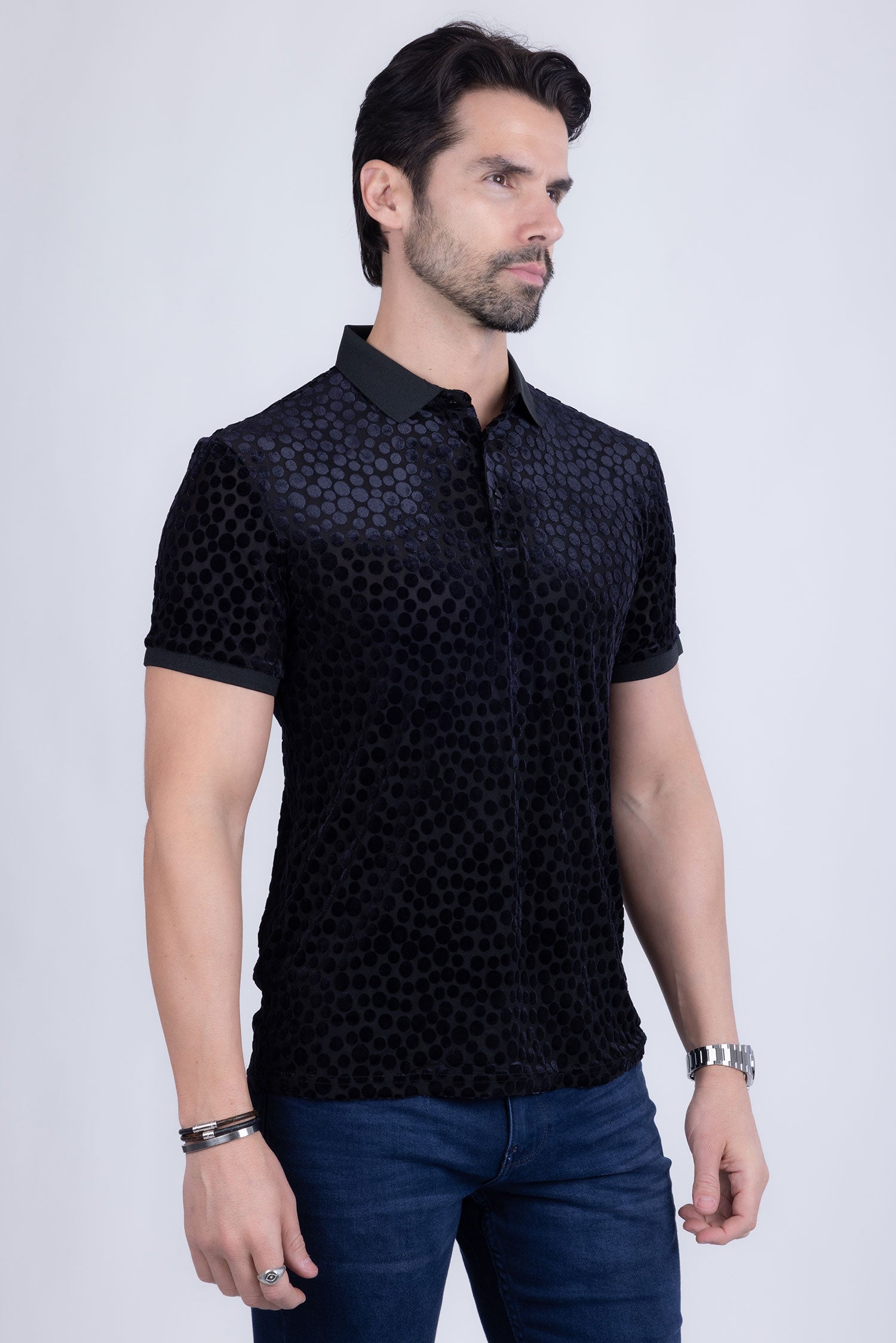BARABAS Men's Polka Dotted See Through Short Sleeve Polo Shirts 3PP835 Black