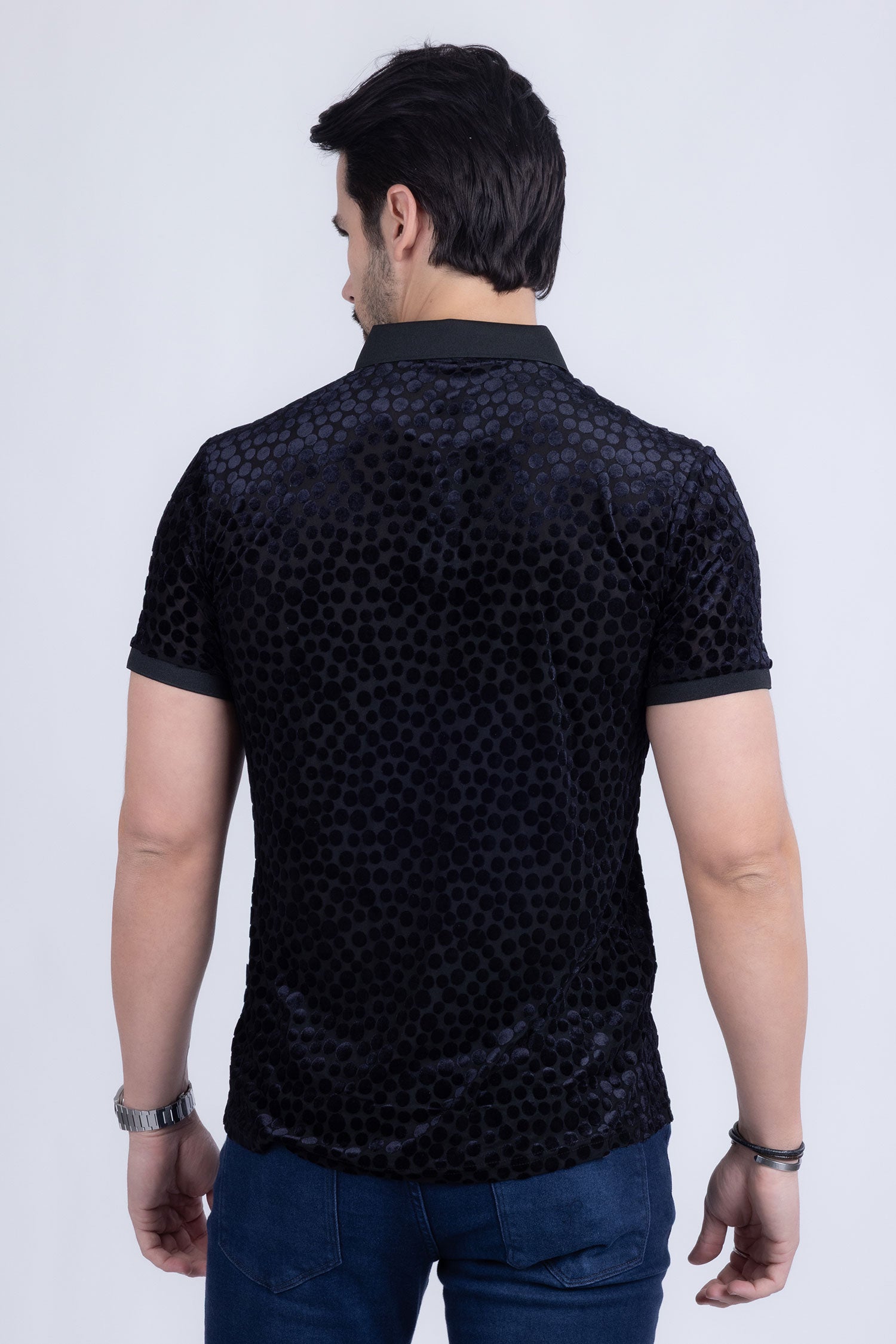 BARABAS Men's Polka Dotted See Through Short Sleeve Polo Shirts 3PP835 Black