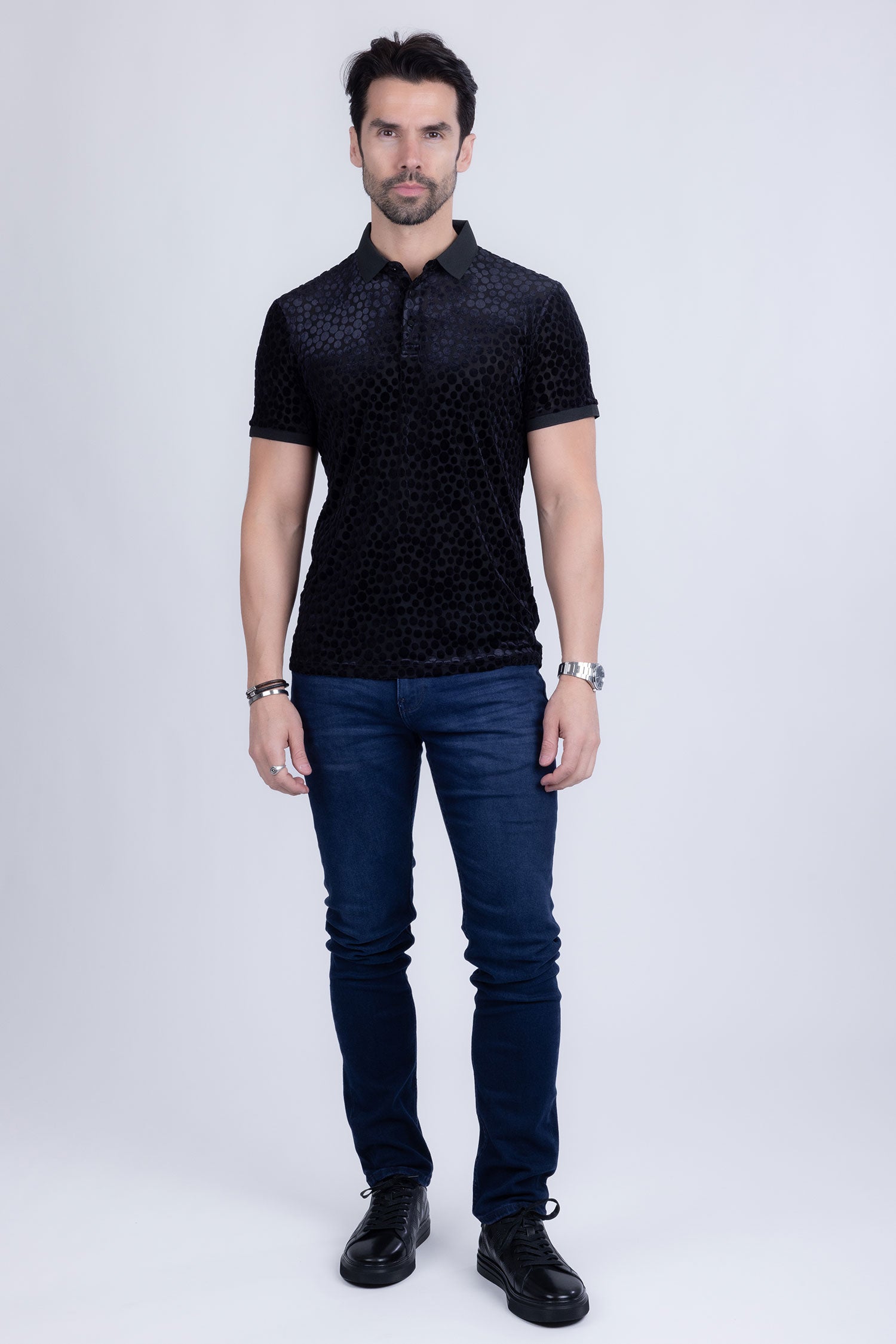BARABAS Men's Polka Dotted See Through Short Sleeve Polo Shirts 3PP835 Black