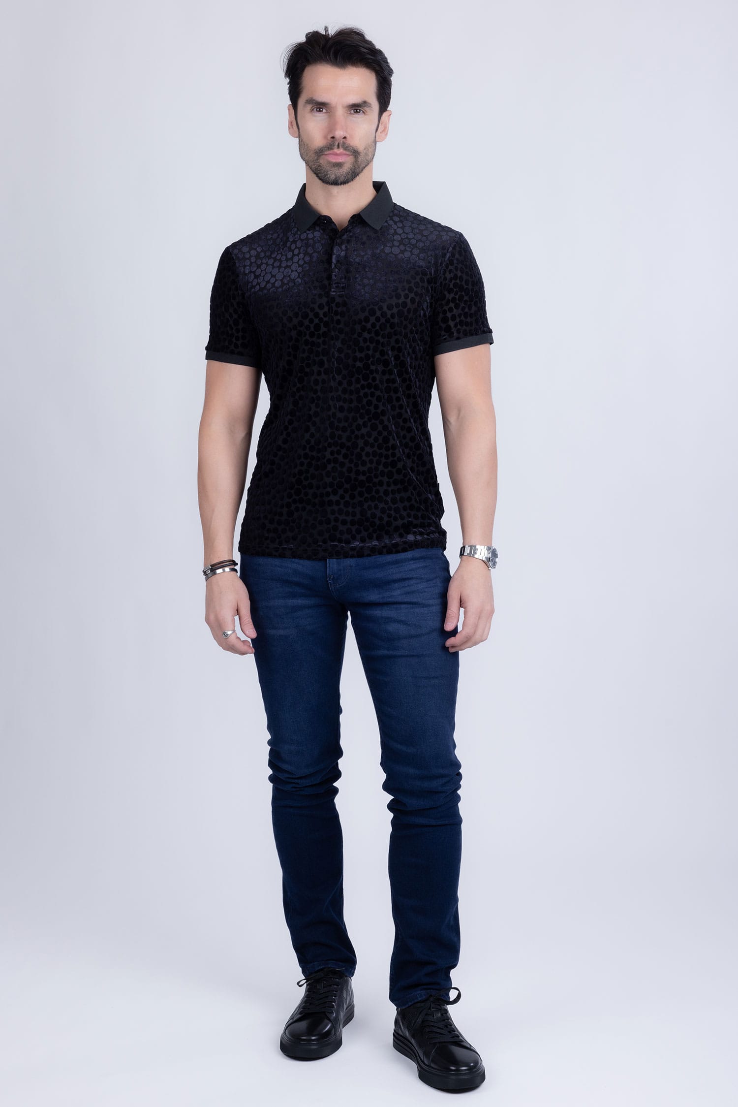 BARABAS Men's Polka Dotted See Through Short Sleeve Polo Shirts 3PP835 Black