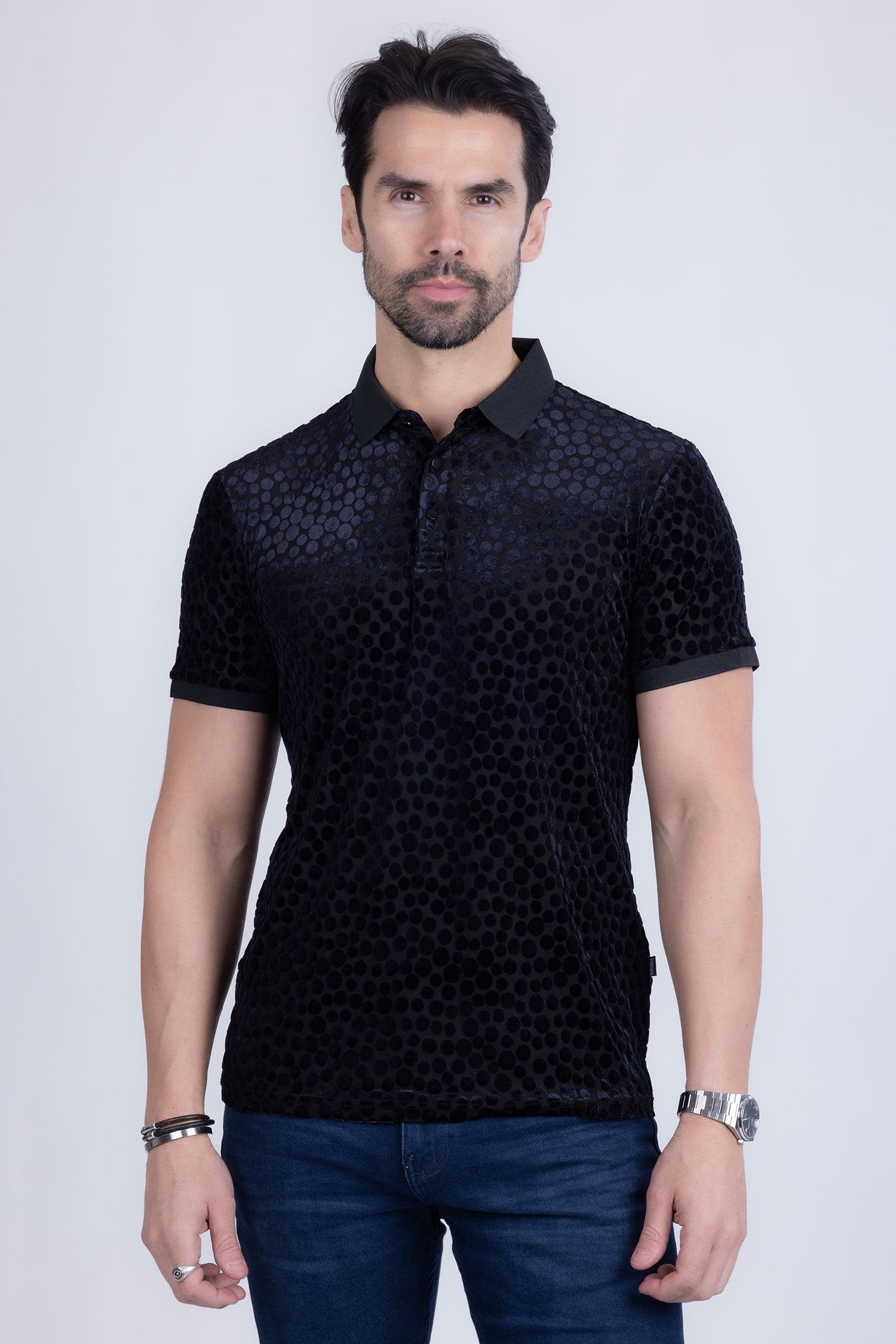 BARABAS Men's Polka Dotted See Through Short Sleeve Polo Shirts 3PP835 Black