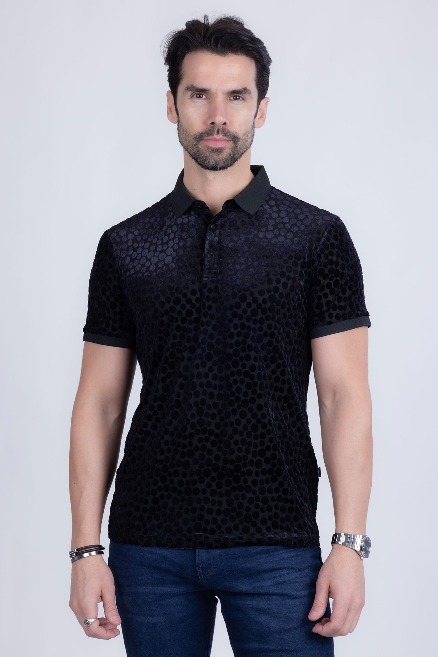 BARABAS Men's Polka Dotted See Through Short Sleeve Polo Shirts 3PP835 Black