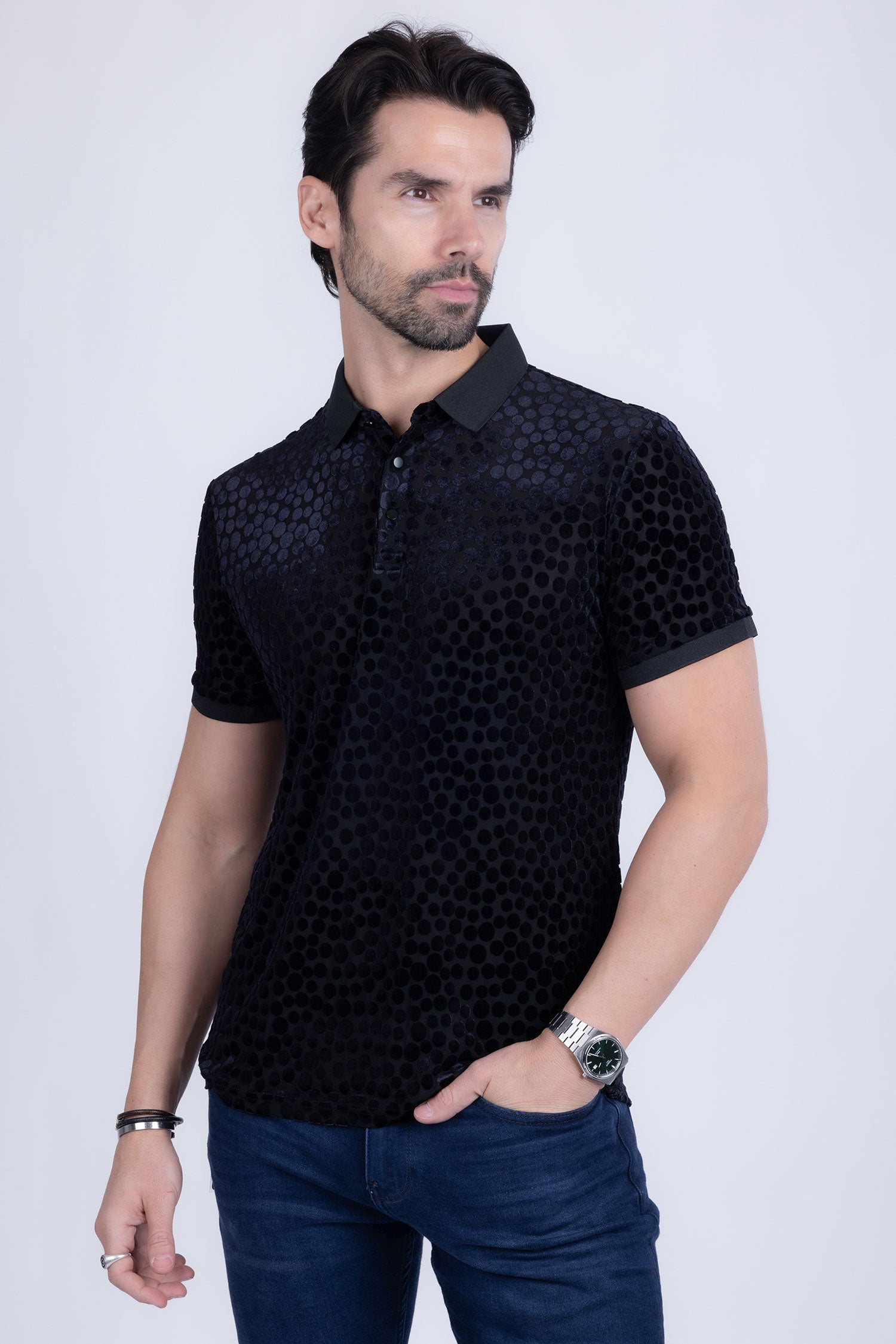 BARABAS Men's Polka Dotted See Through Short Sleeve Polo Shirts 3PP835 Black