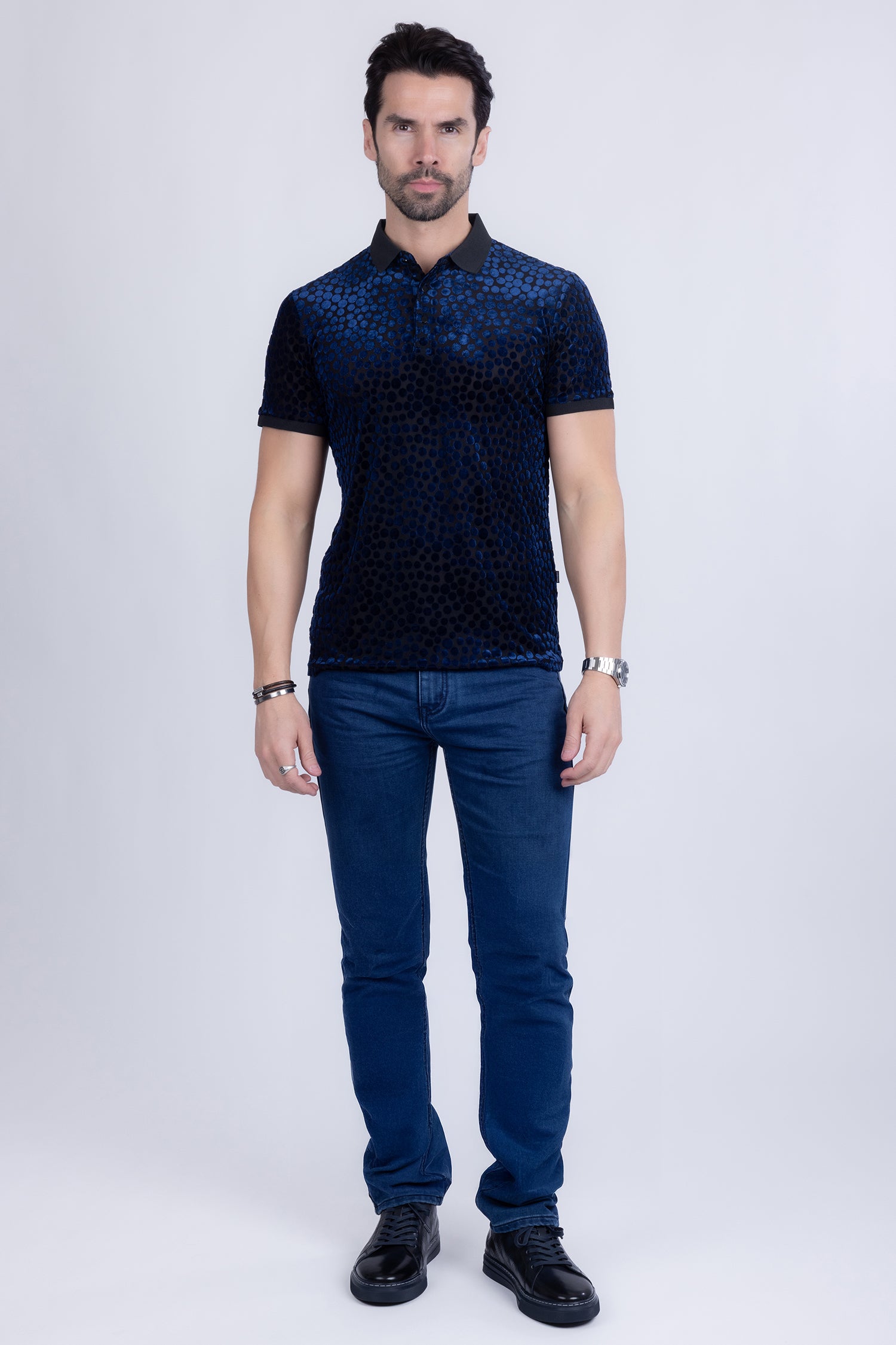 BARABAS Men's Polka Dotted See Through Short Sleeve Polo Shirts 3PP835 Navy