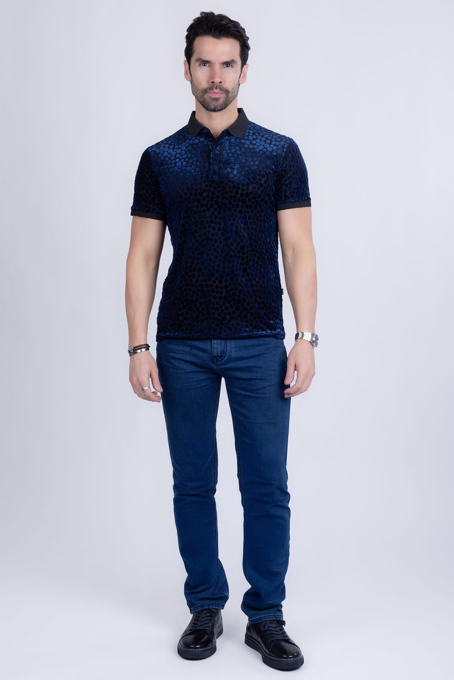 BARABAS Men's Polka Dotted See Through Short Sleeve Polo Shirts 3PP835 Navy