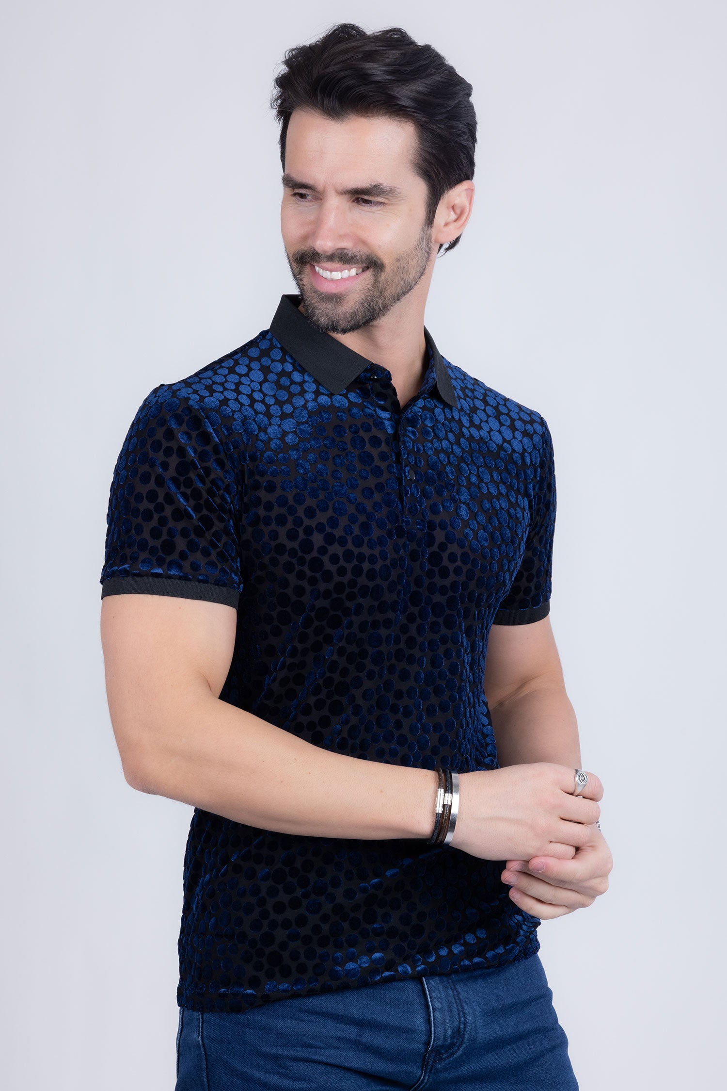 BARABAS Men's Polka Dotted See Through Short Sleeve Polo Shirts 3PP835 Navy
