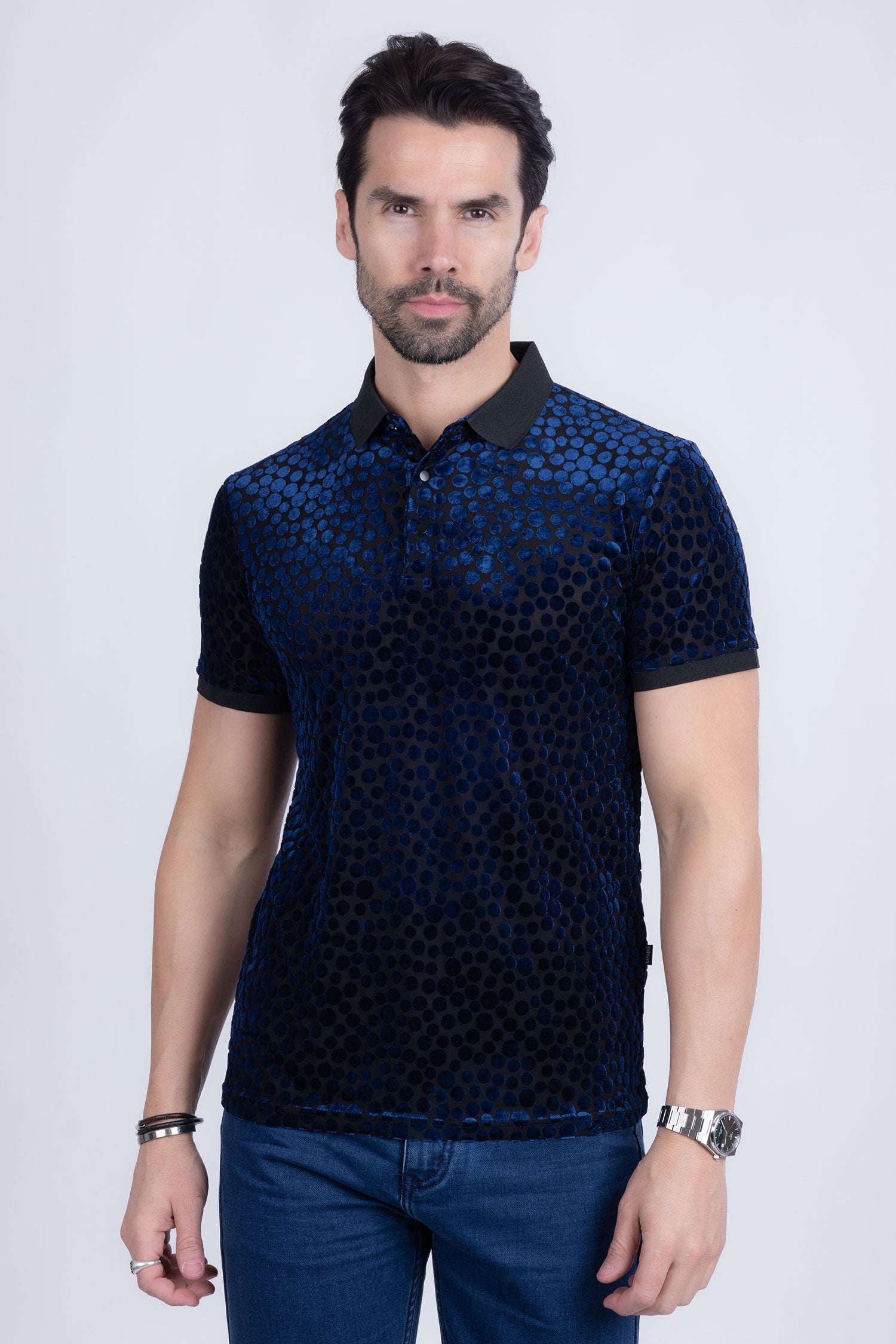 BARABAS Men's Polka Dotted See Through Short Sleeve Polo Shirts 3PP835 Navy