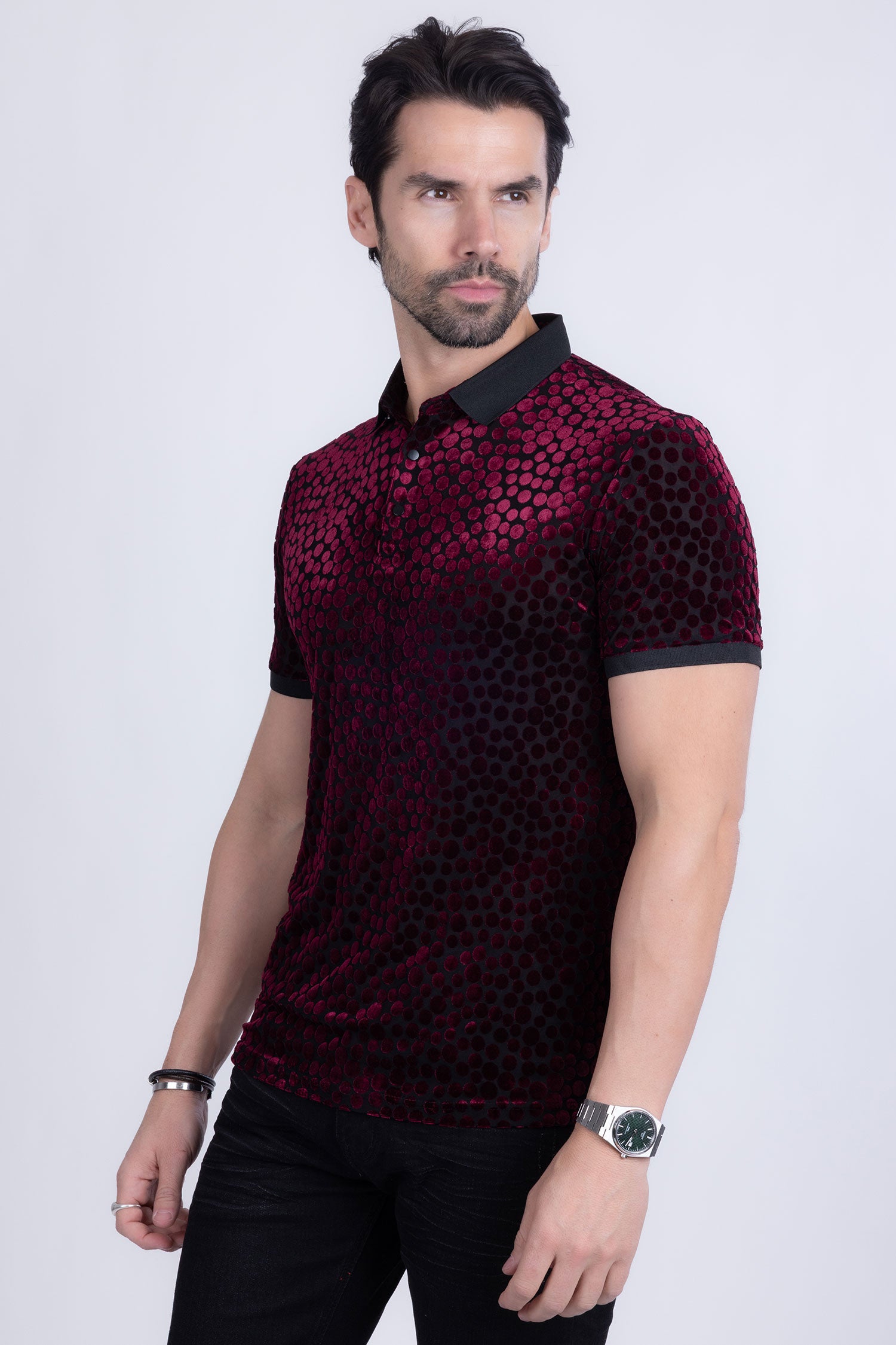 BARABAS Men's Polka Dotted See Through Short Sleeve Polo Shirts 3PP835 Burgundy