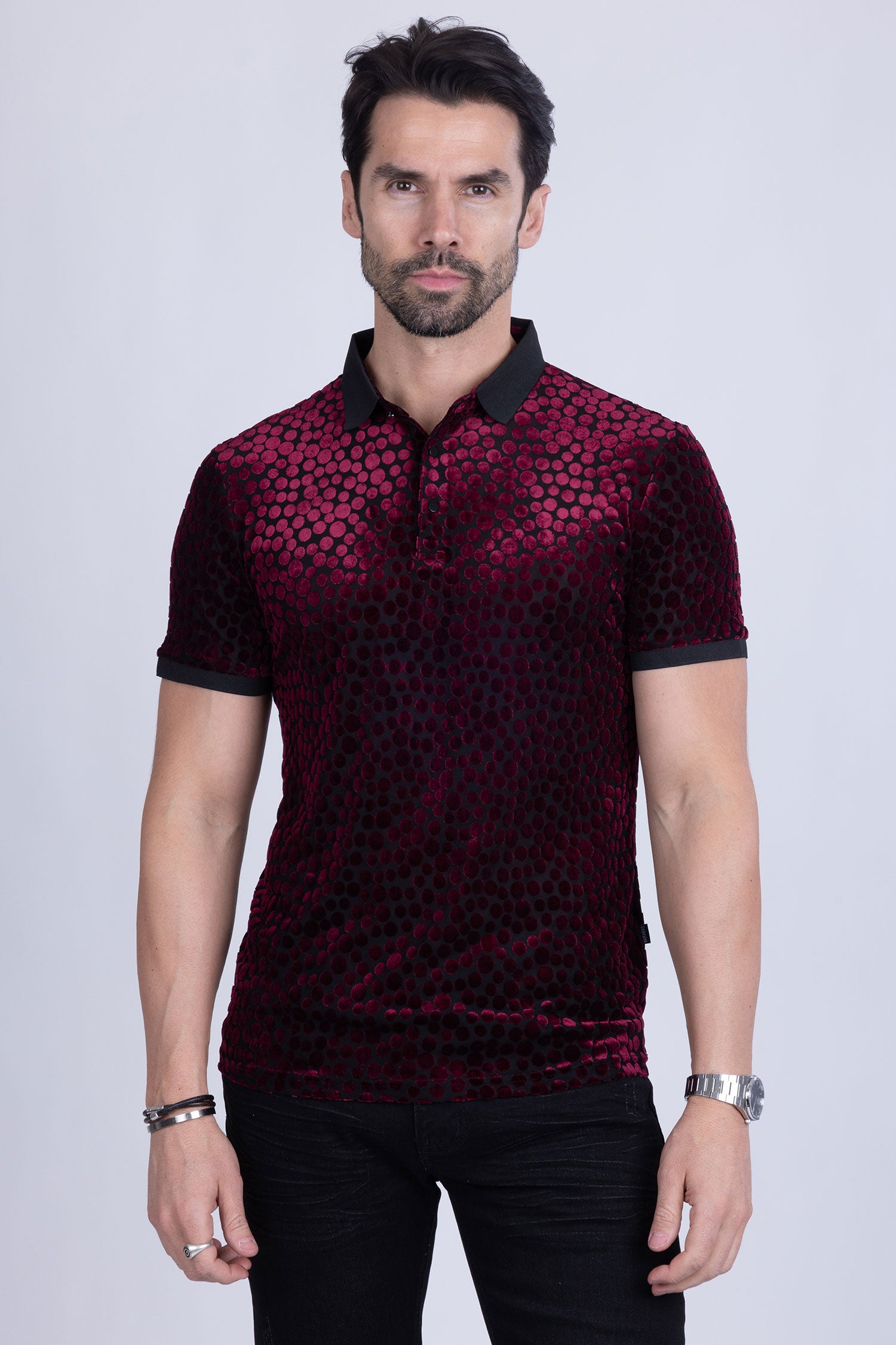BARABAS Men's Polka Dotted See Through Short Sleeve Polo Shirts 3PP835 Burgundy