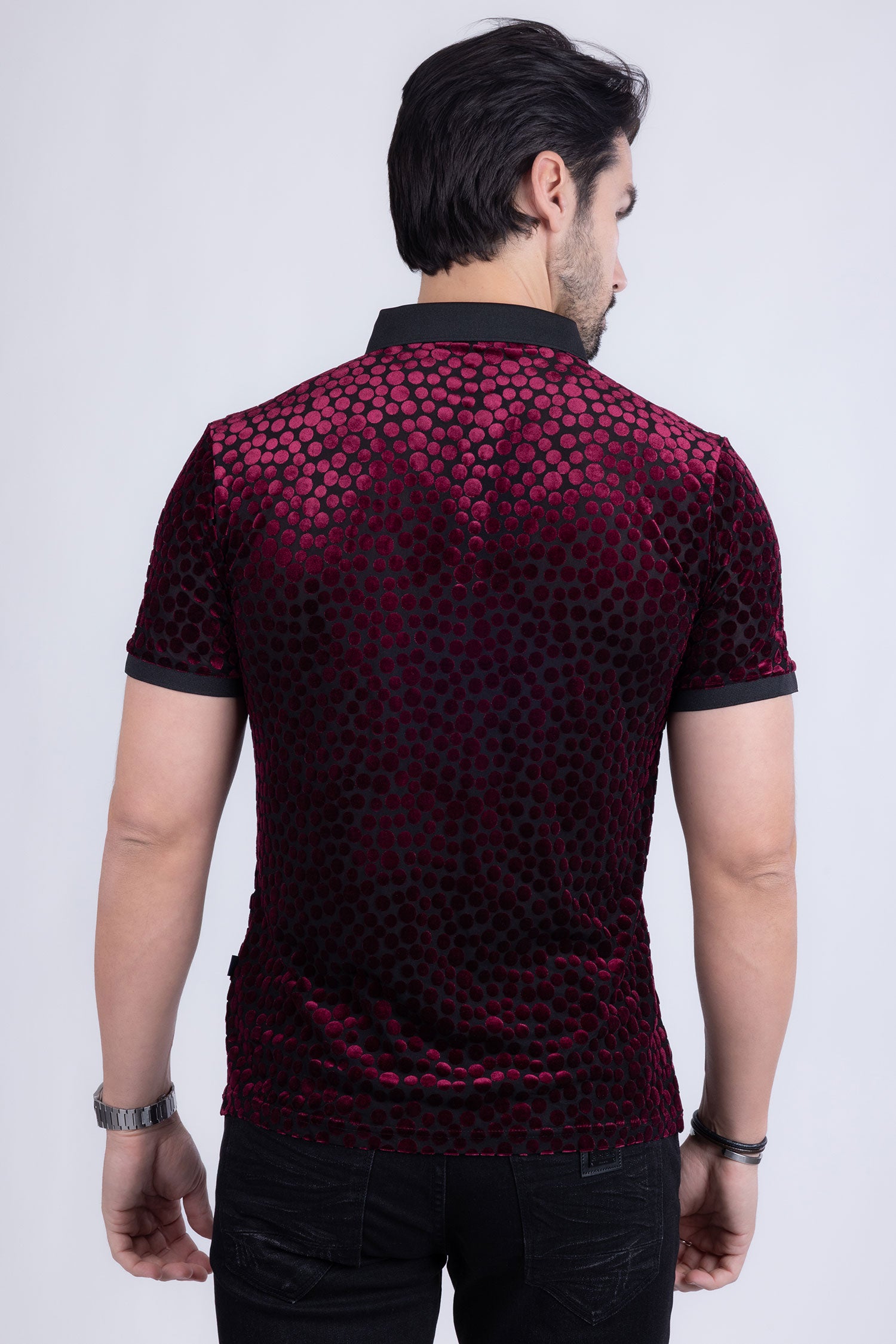 BARABAS Men's Polka Dotted See Through Short Sleeve Polo Shirts 3PP835 Wine