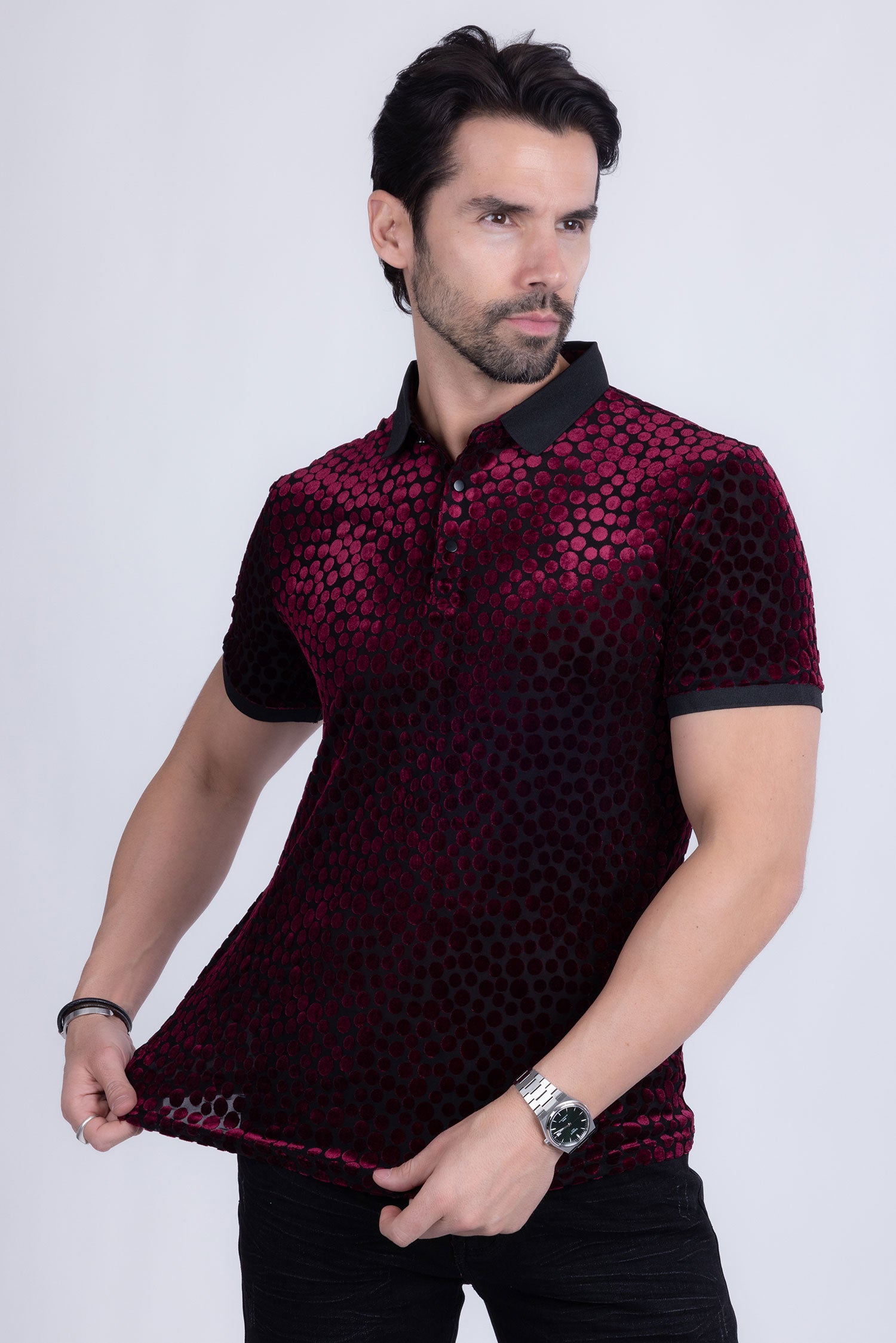 BARABAS Men's Polka Dotted See Through Short Sleeve Polo Shirts 3PP835 Wine