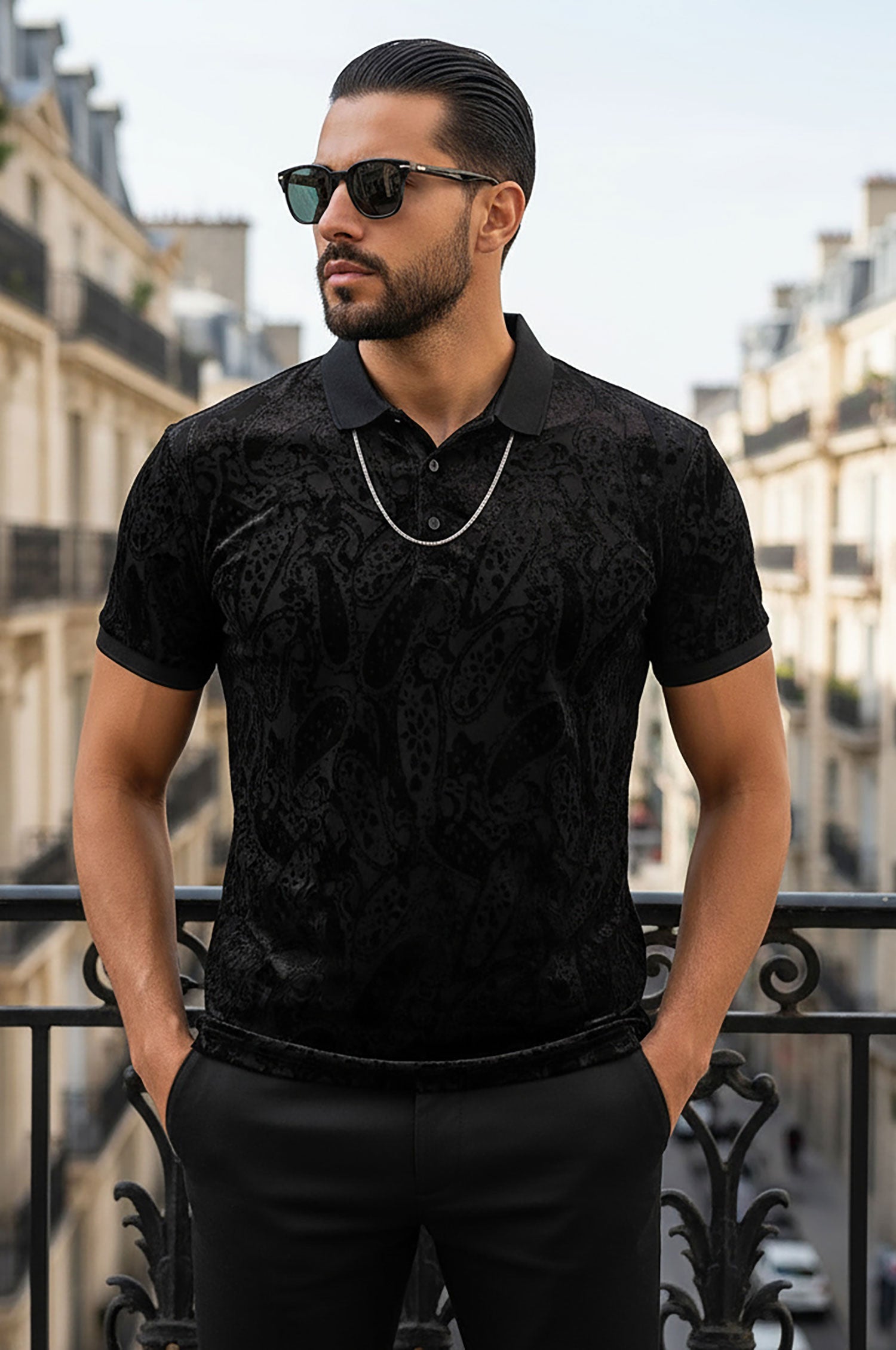Barabas Men's Floral Paisley Short Sleeve Polo Shirts 3PP836 Black