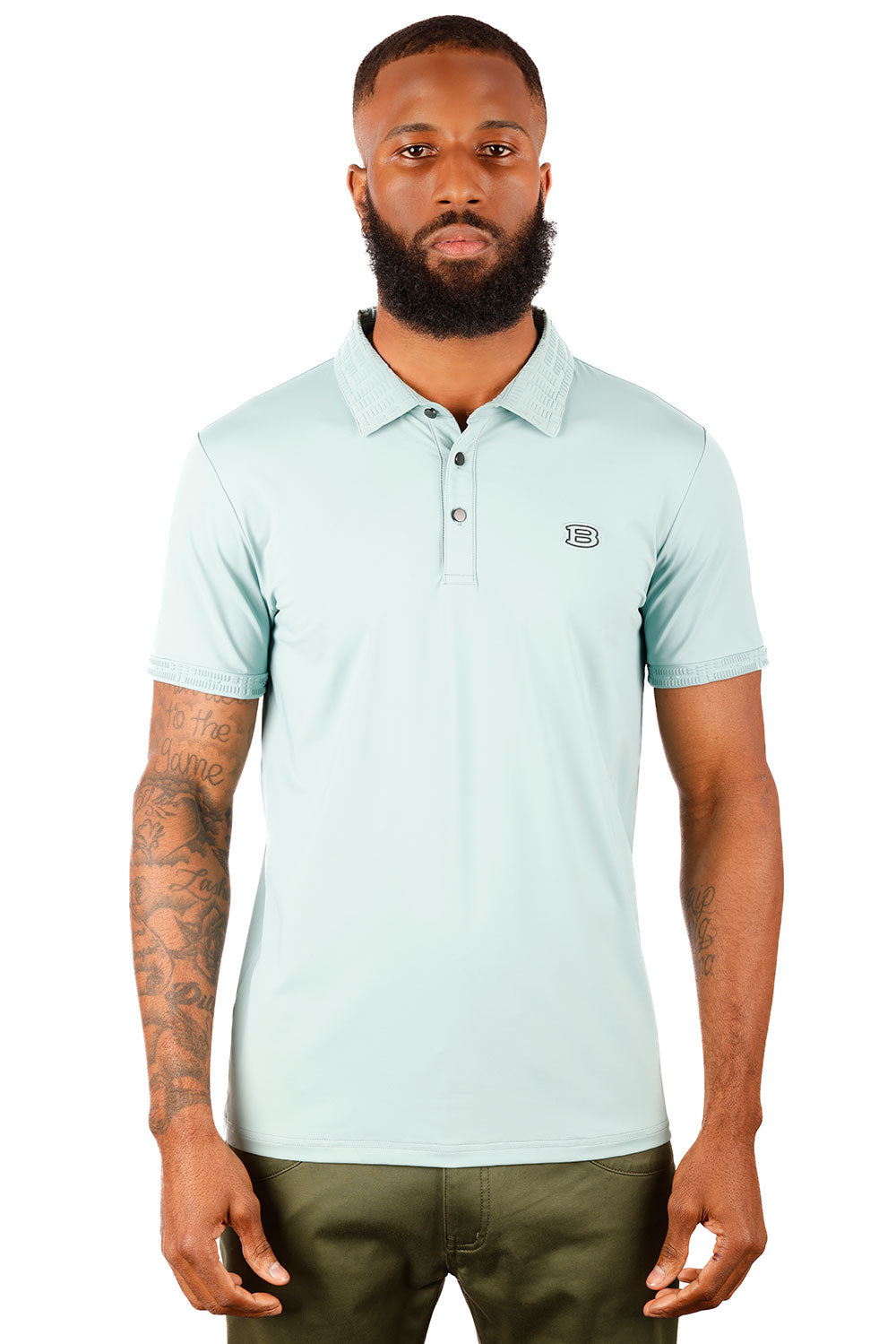 Barabas Men's Solid Stretch B Logo Short Sleeve Polo Shirts 3PS131 Green