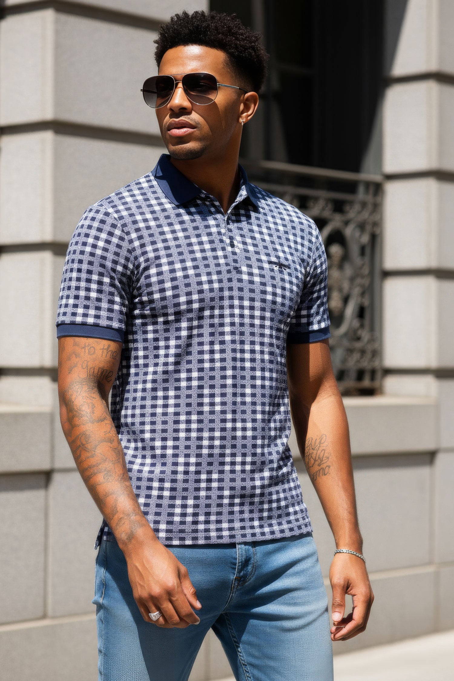 Barabas Men's Checkered Barabas Logo Short Sleeve Polo Shirts 3PS132 Navy White