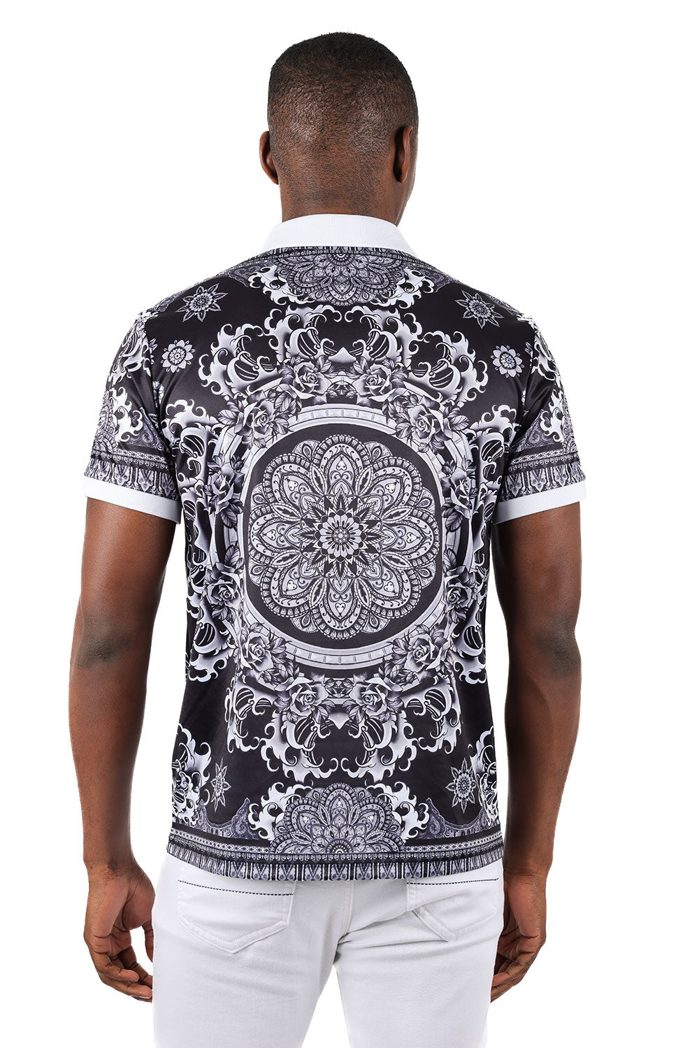 Barabas Men's Floral Circular Prints Graphic Tee Polo Shirts 3PSP13 Black