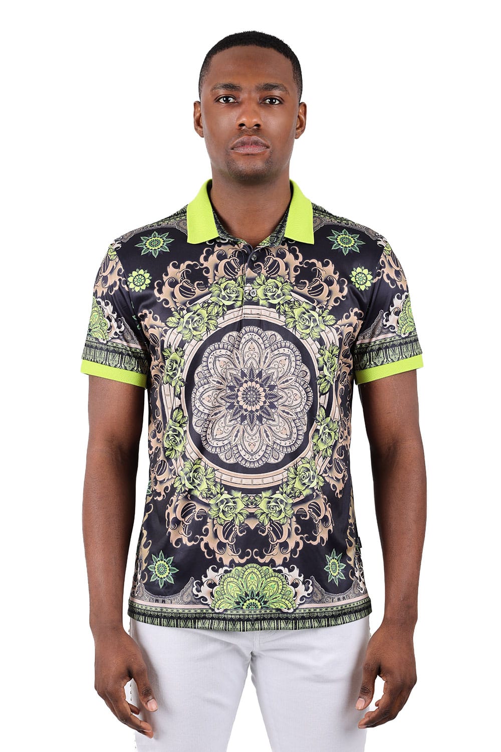 Barabas Men's Floral Circular Prints Graphic Tee Polo Shirts 3PSP13 Lime