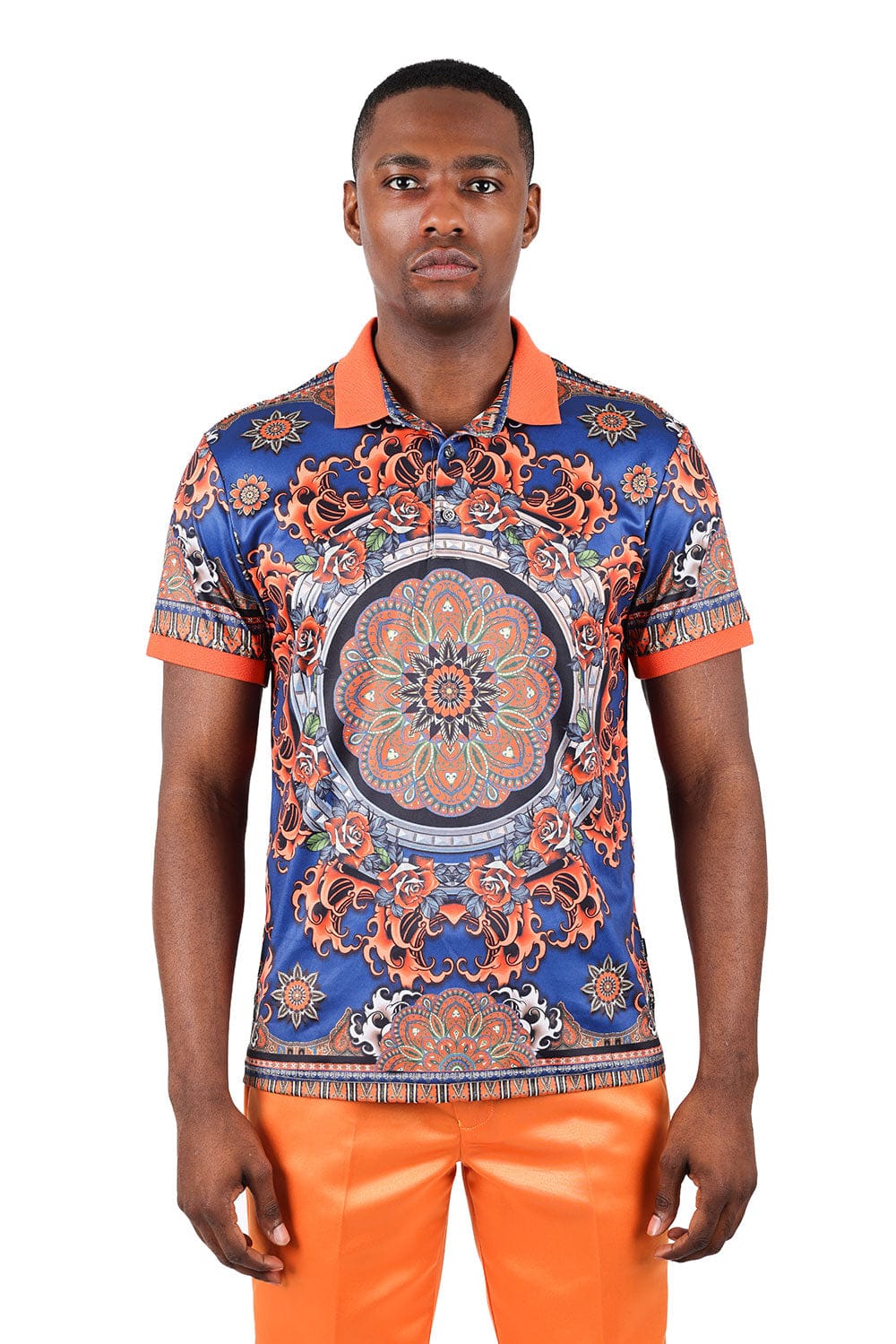 Barabas Men's Floral Circular Prints Graphic Tee Polo Shirts 3PSP13 Orange Navy