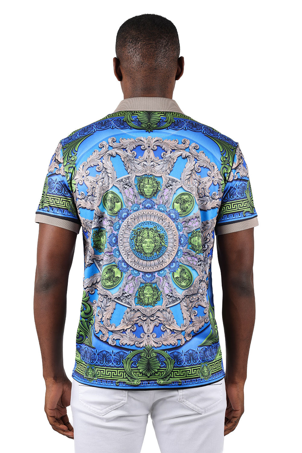 Barabas Men's Floral Medusa Graphic Tee Polo Shirts 3PSP16 Royal