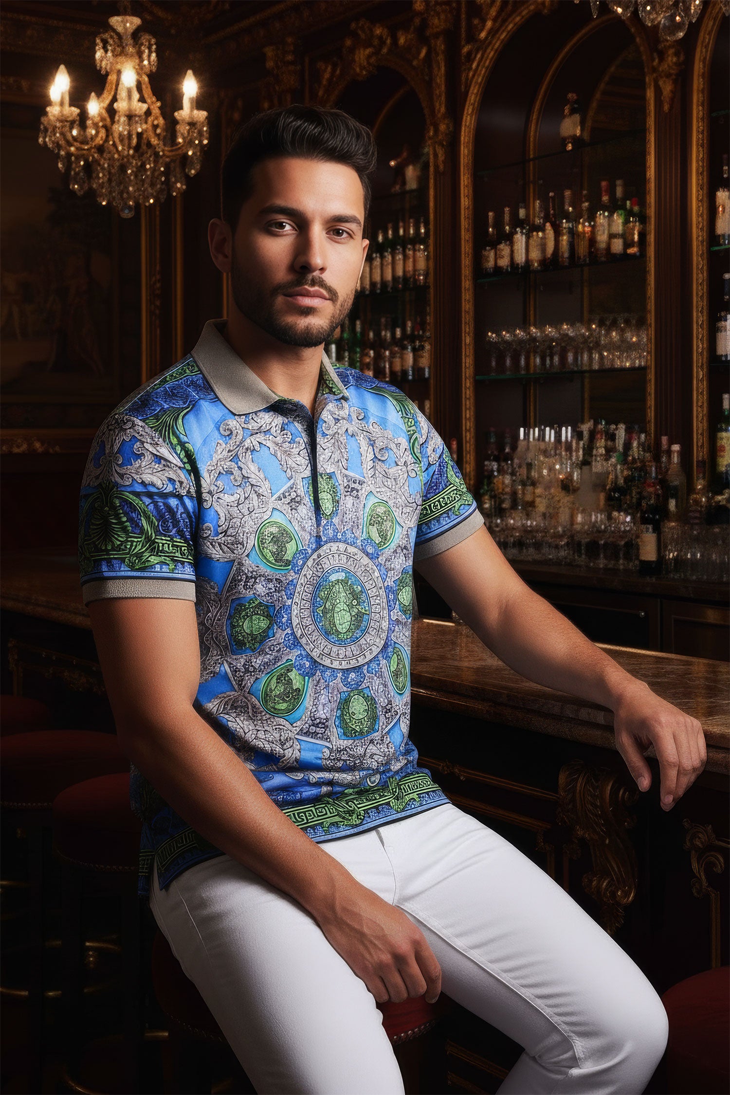 Barabas Men's Floral Medusa Baroque Graphic Tee Polo Shirts 3PSP16 Royal