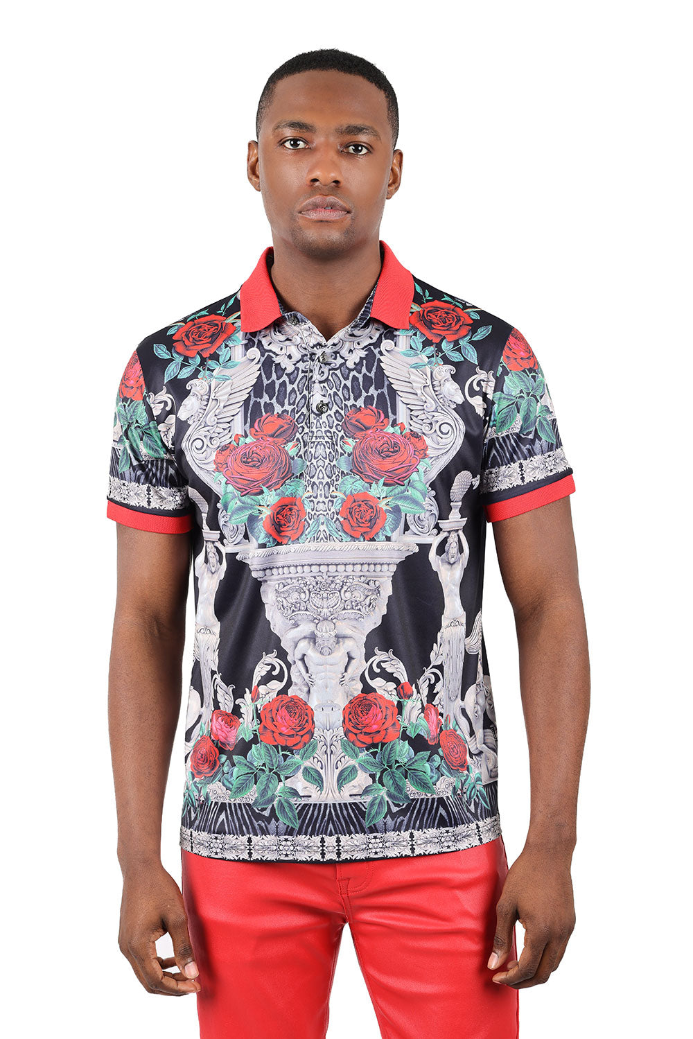 Barabas men's Floral Rose Leopard Prints Graphic Tee Polo Shirts 3PSP18 Black Silver