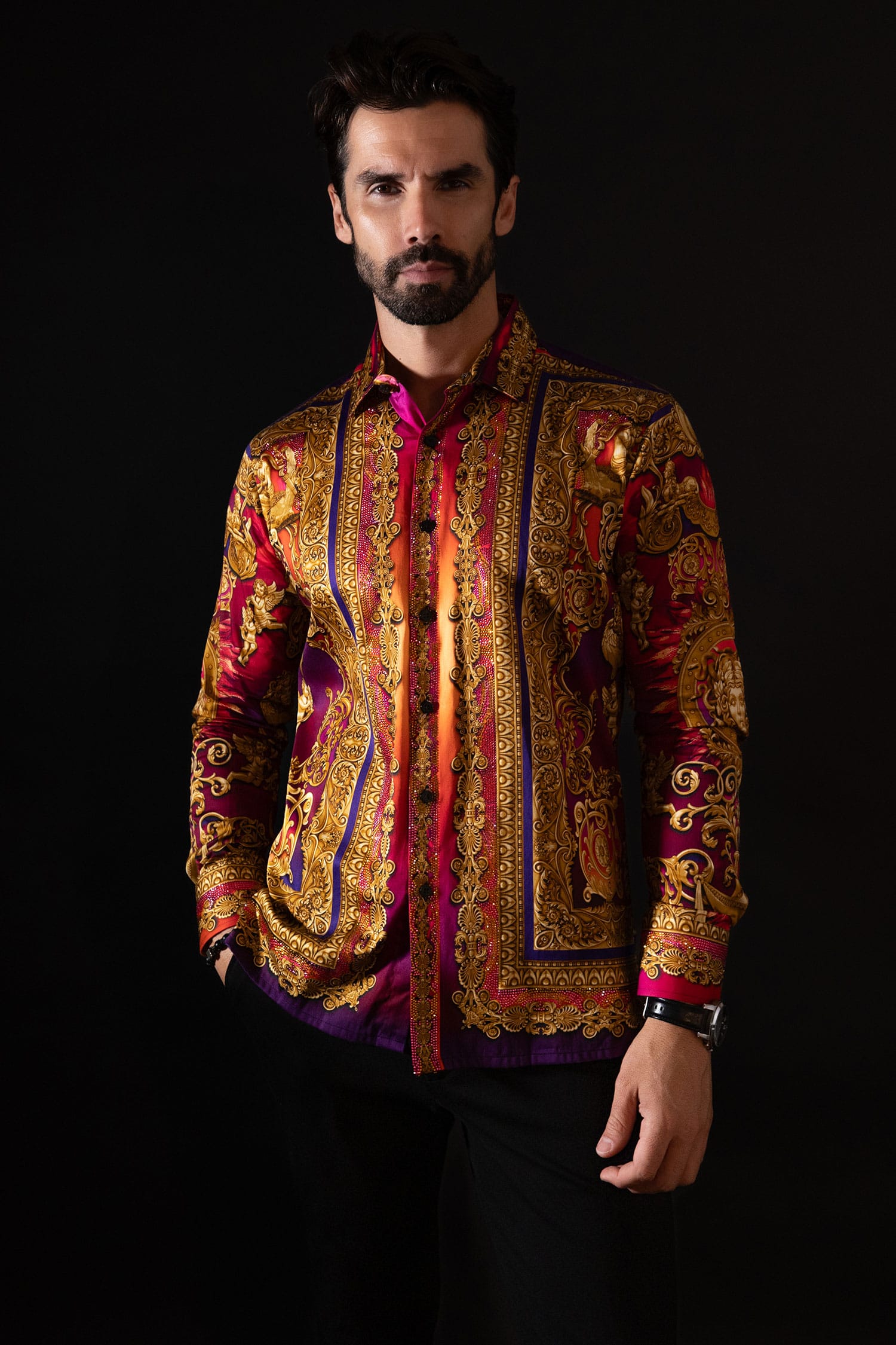 BARABAS Men's Rhinestone Floral Medusa Long Sleeve Shirts 3SPR401 plum